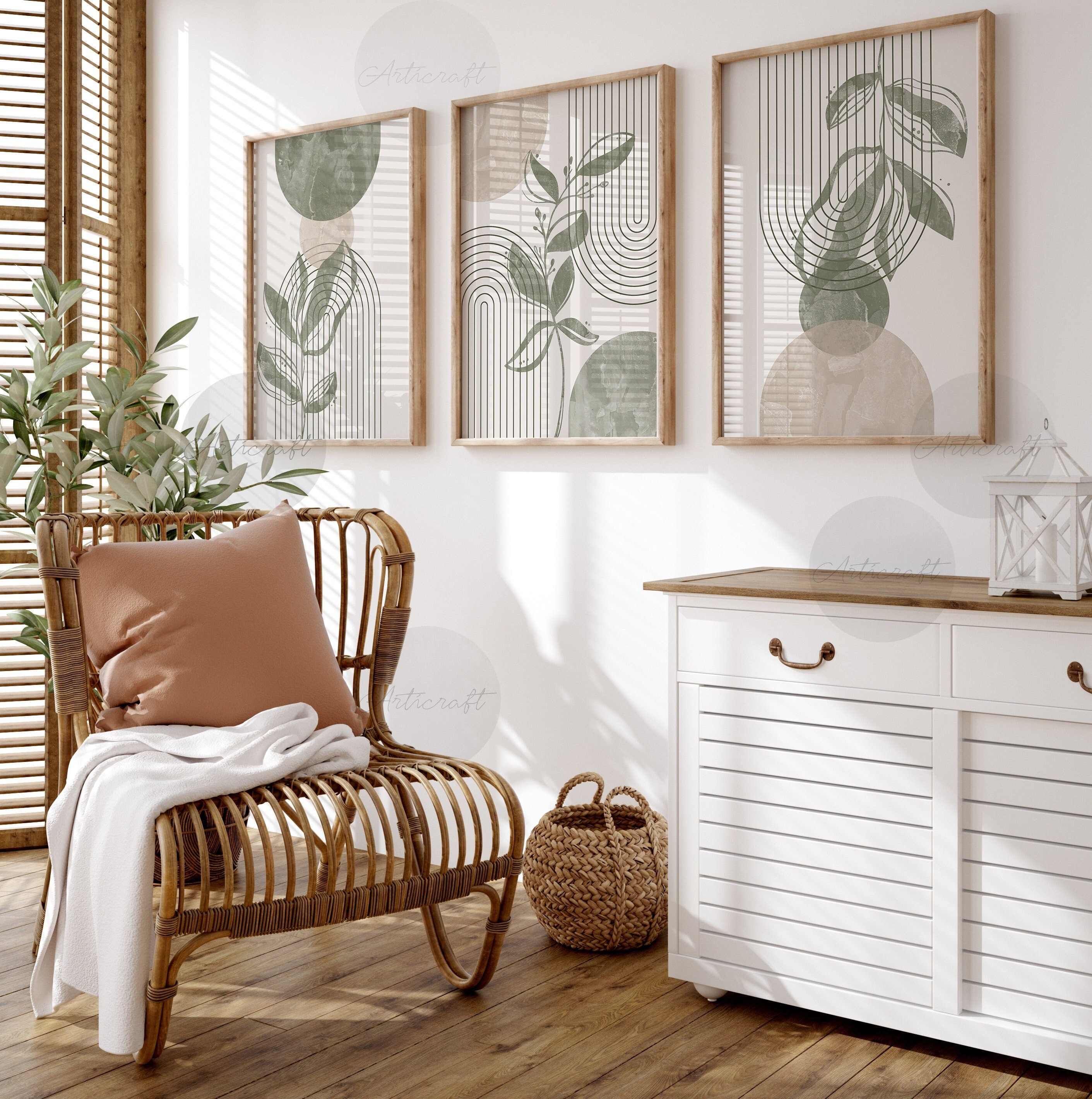 Set di 3 stampe da parete Boho, stampe botaniche Boho, stampe Boho, stampe d'arte stampabili verde salvia beige, linee astratte, decorazioni per la ca