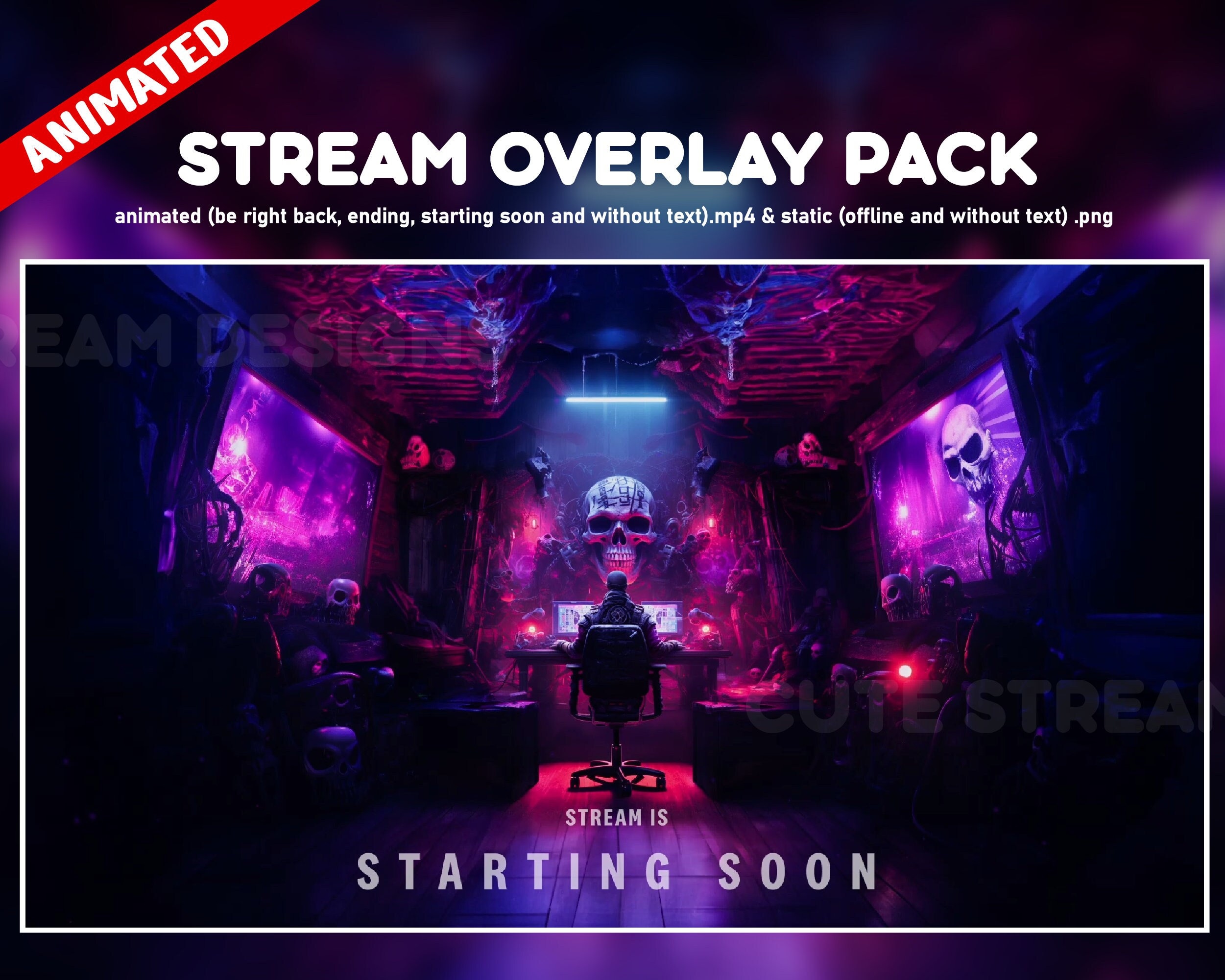 Schermate animate per il giocatore di teschi gotici di twitch - Sovrapposizioni per gli streamer - a partire da subito, ritorno subito, fine e offline