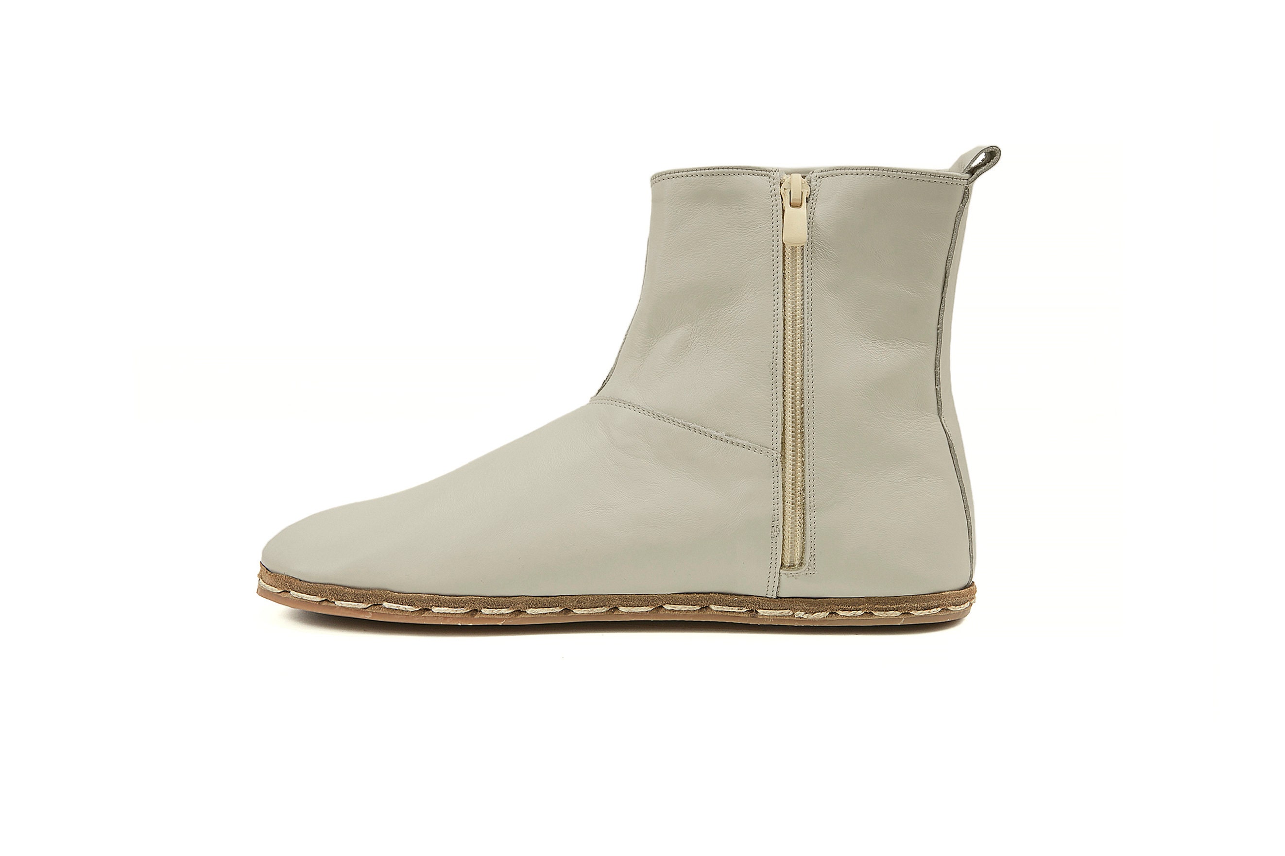 Stivaletti da donna fatti a mano a piedi nudi beige con cerniera, stivaletti con suola a goccia zero, stivaletti a punta larga, comodi stivaletti in p
