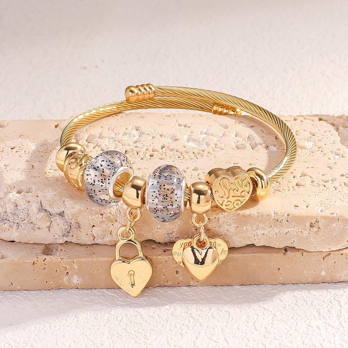 Braccialetti con ciondoli splendenti, braccialetti Pandora con ciondoli placcati in oro 18k, perline di gemme smaltate, bracciale pendente con lucchet