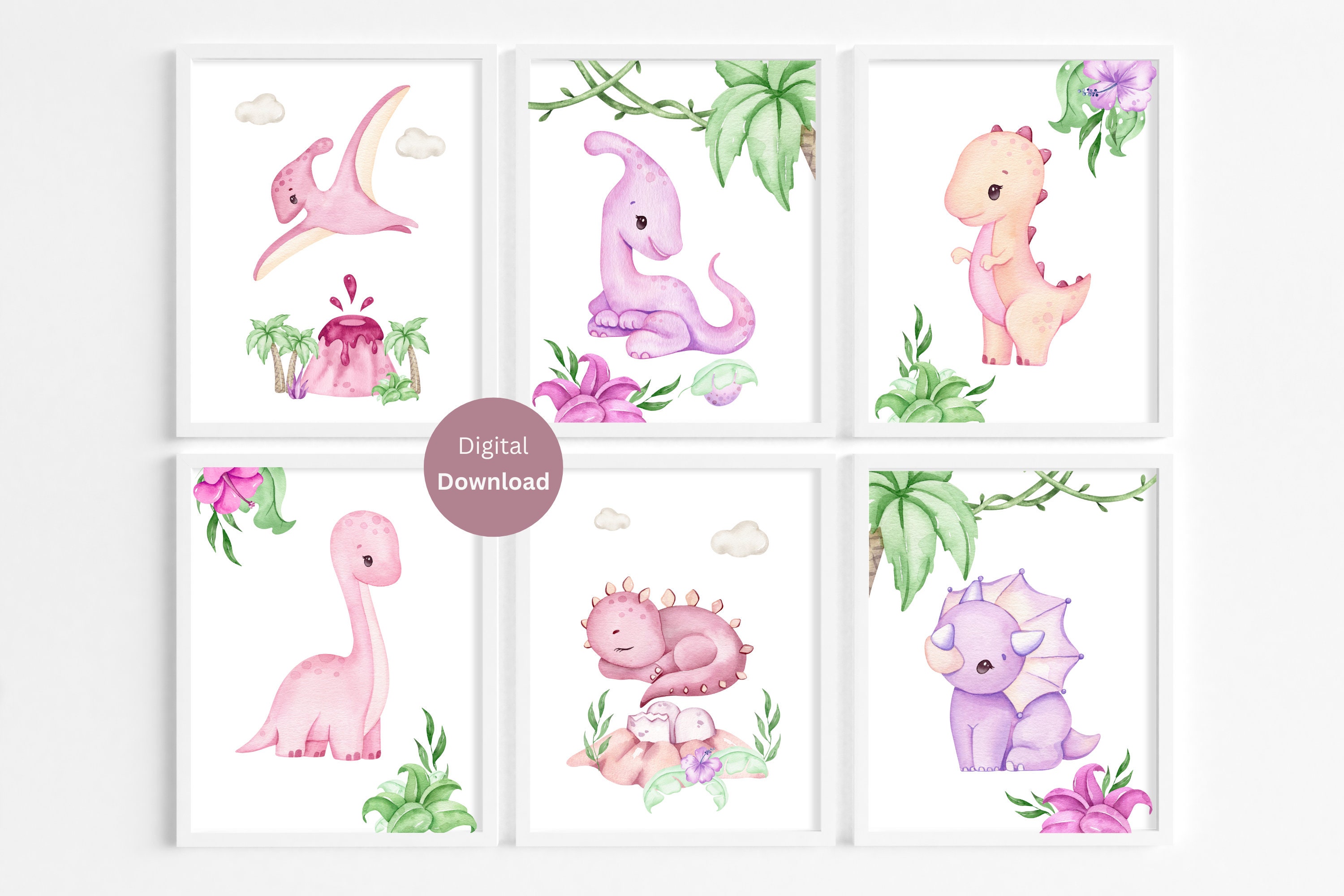 Stampe per cameretta con dinosauri rosa - Decorazioni murali con dinosauri per bambine - Stampe di simpatici dinosauri - Set di 6 stampe per cameretta