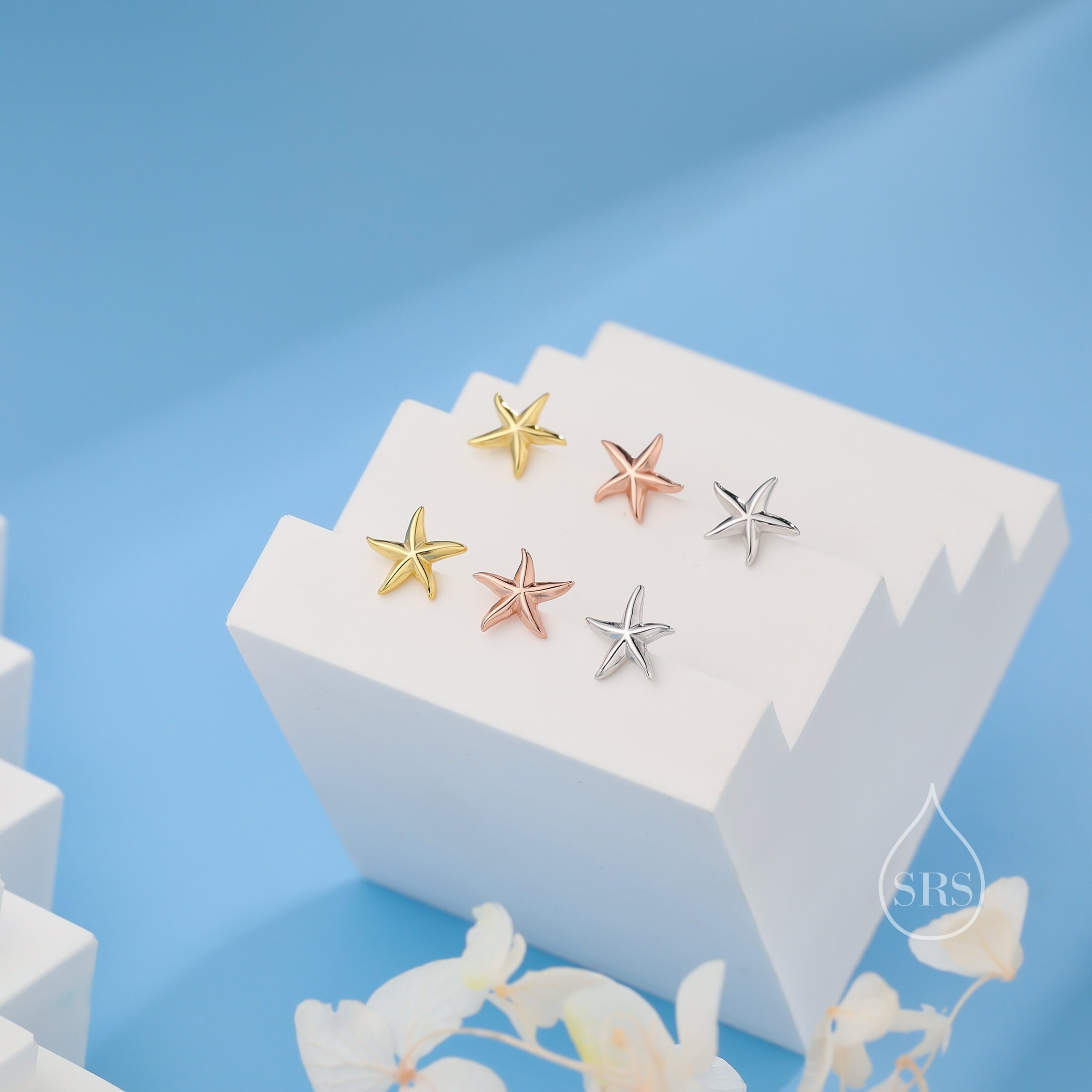 Piccoli orecchini a forma di stella marina in argento sterling, argento, oro o oro rosa, piccoli orecchini a forma di stella marina, orecchini a forma