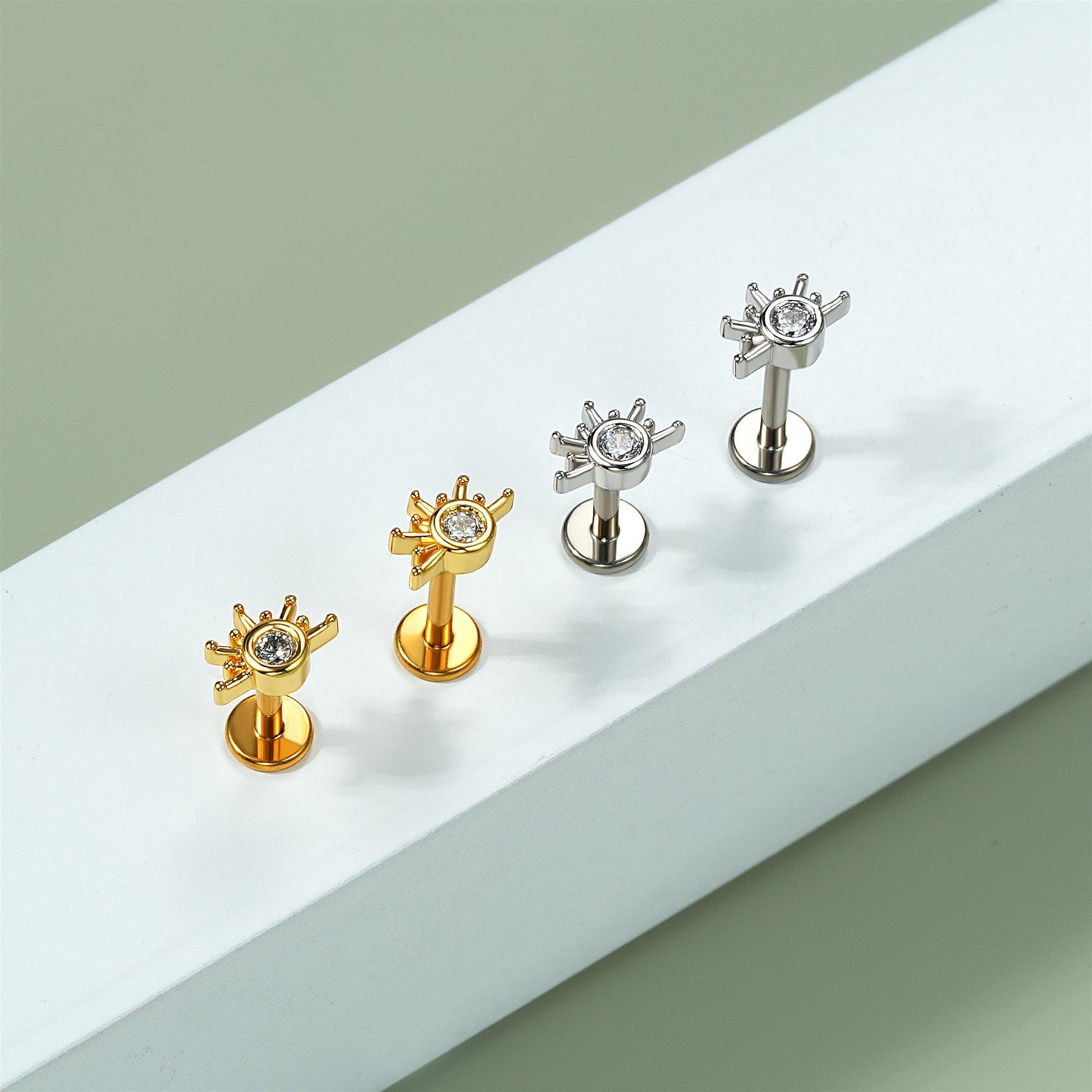 Piercing in titanio 16G senza filettatura oro/argento con zirconi cubici a forma di sole/piercing per cartilagine/piercing per naso piccolo/anello per