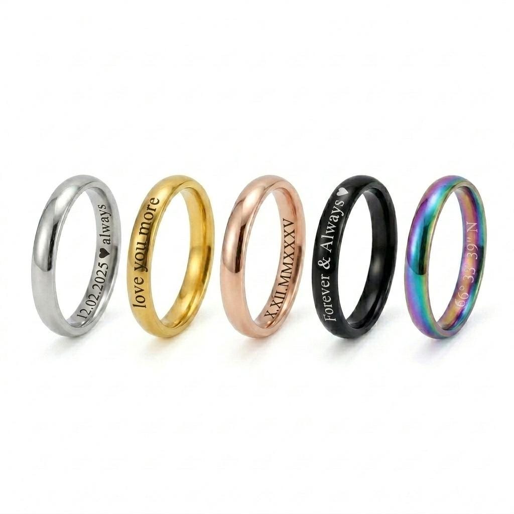 Anello in acciaio inossidabile personalizzato da 4 mm, anello in acciaio, anello unisex in acciaio inossidabile, anello inciso personalizzato, anello