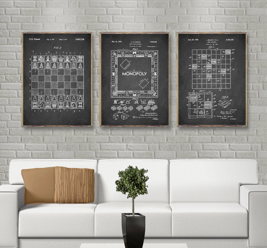 Set di 3 brevetti di stampe per il gioco da tavolo più popolare, stampa di brevetti per il gioco da tavolo degli scacchi d'epoca, poster di brevetti p