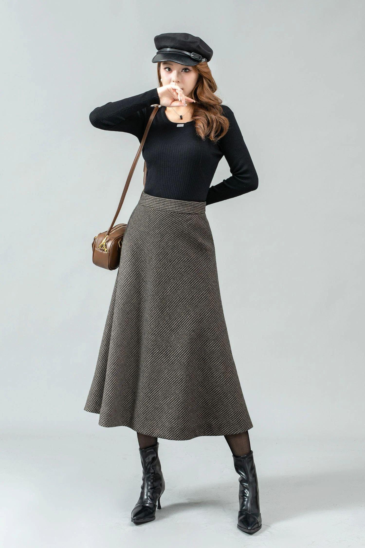 Gonna in lana scozzese, gonna midi, gonna in lana da donna, gonna invernale, gonna a trapezio, gonna in lana da donna, gonna lunga in lana, gonna pers