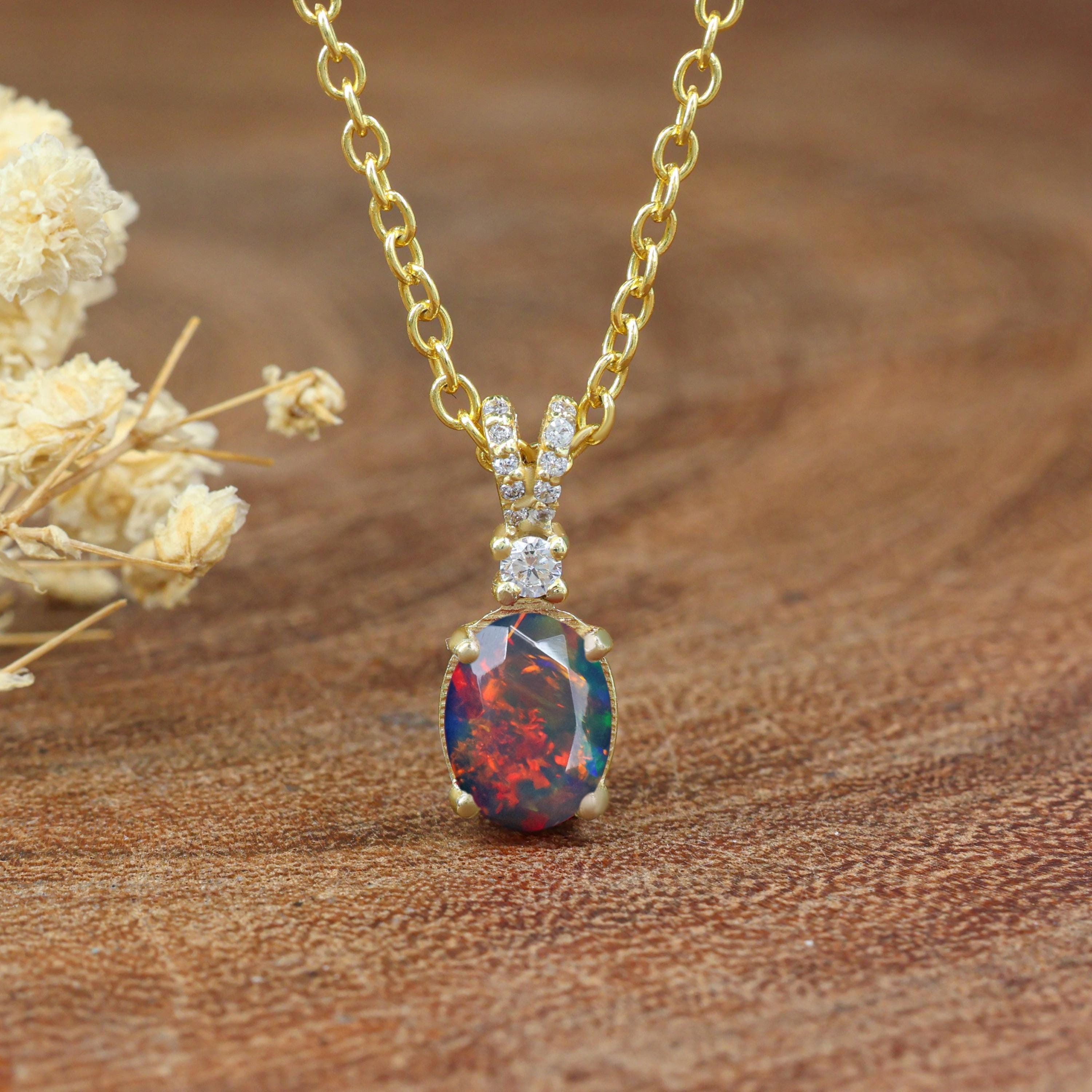 Collana con ciondolo in opale etiope AAA per donna, regalo di anniversario per lei, collana con ciondolo in opale nero ovale, collana con catena in or