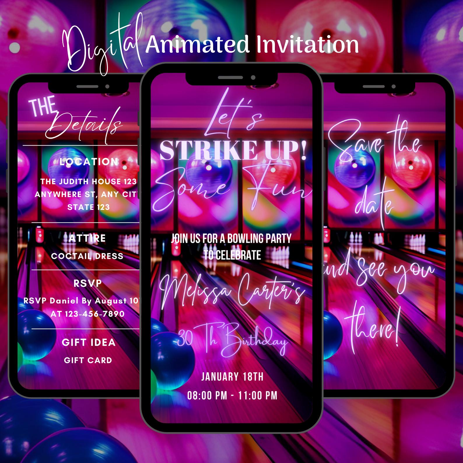 Invito di compleanno digitale Let's Strike Up Some Fun, invito di bowling modificabile, modello di invito di bowling animato, festa di bowling Let's
