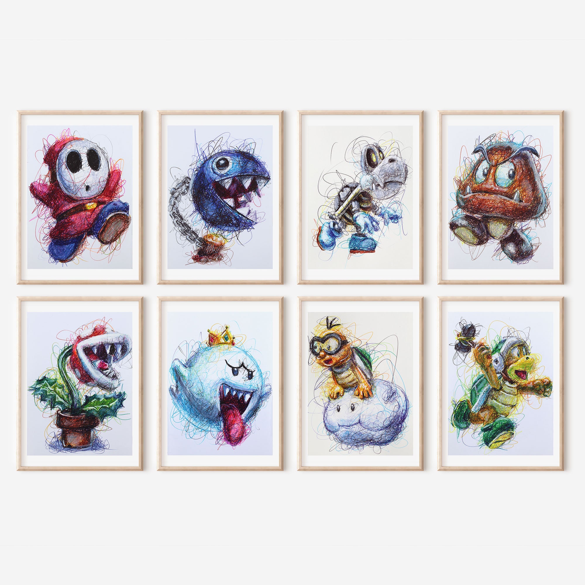 Set di stampe con penna a sfera Super Mario Henchman, arte dei cattivi di Super Mario, stampa artistica Nintendo, arte di Super Mario, arte di Mario B