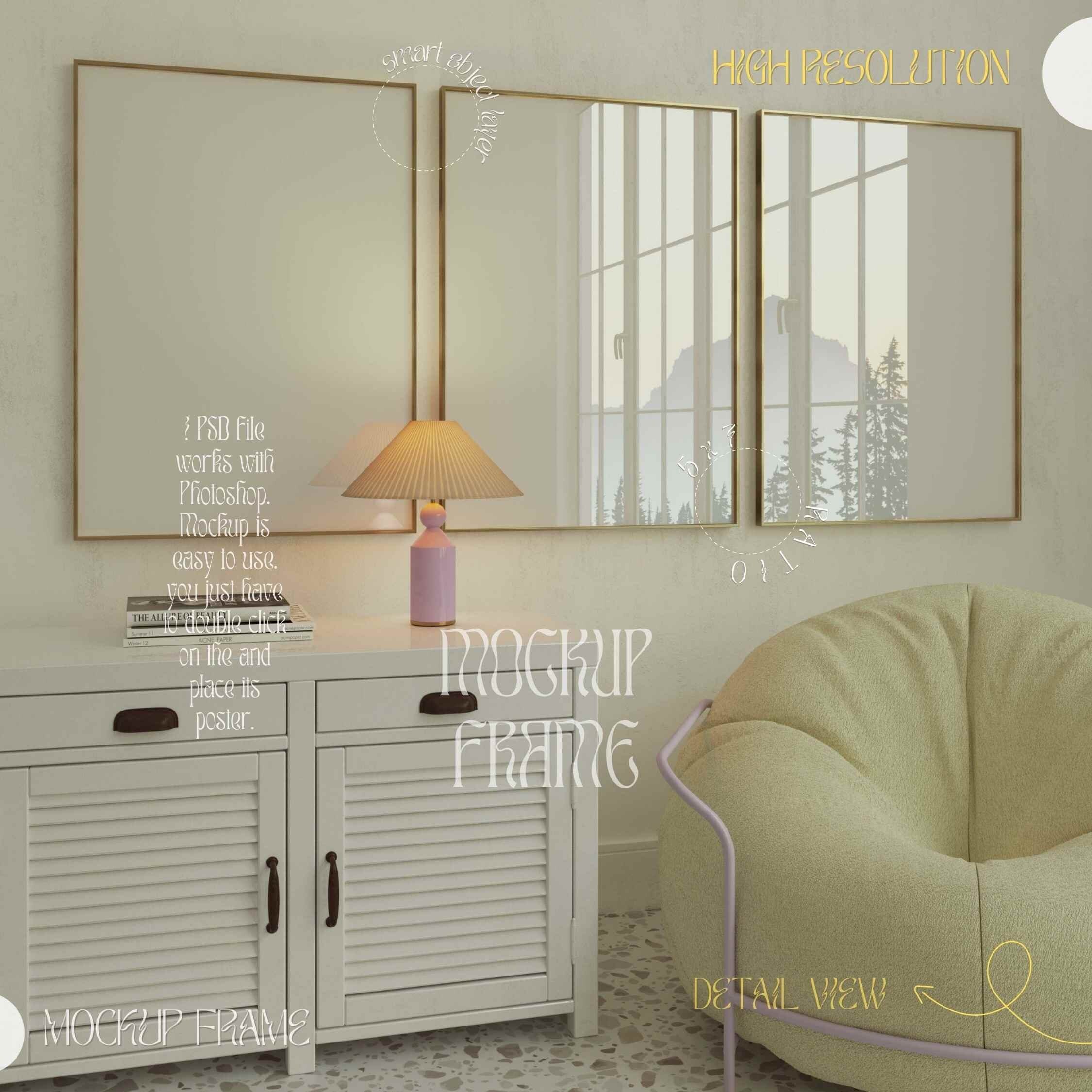 Cornice mockup, set di 3 cornici, cornice mockup colorata, mockup di cornice in legno, mockup di cornice, mockup di opera d'arte, mockup di cornice, m