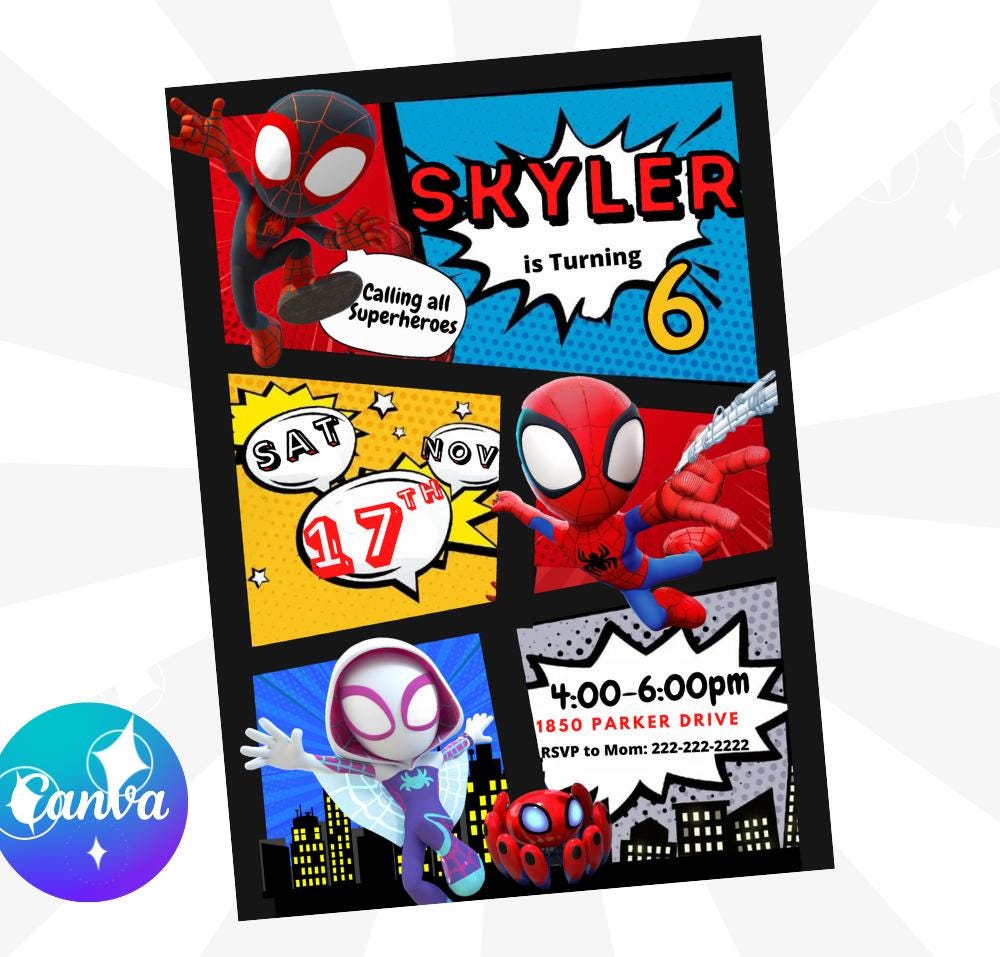 Invito di compleanno di Spidey, invito per festa a fumetti modificabile, invito supereroe Spidey, invito di Spidey e i suoi fantastici amici stampa te
