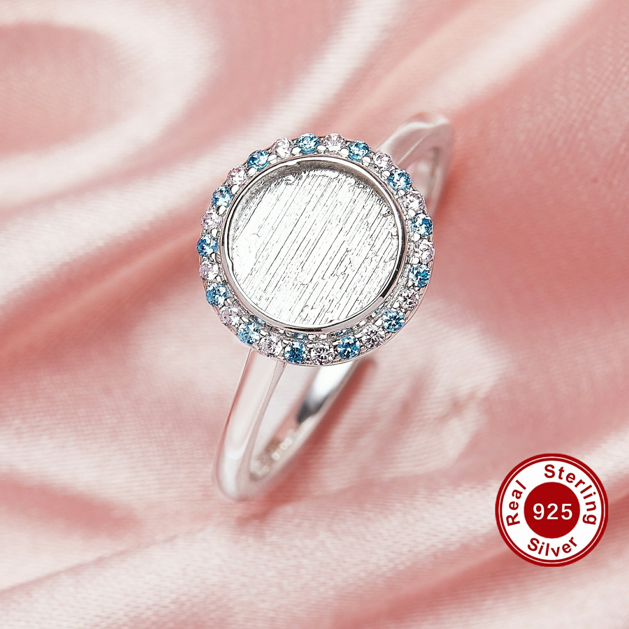 Anello con alone di resina effetto latte materno, incastonatura rotonda, retro in argento sterling 925 massiccio, pietra portafortuna, anello con pavé