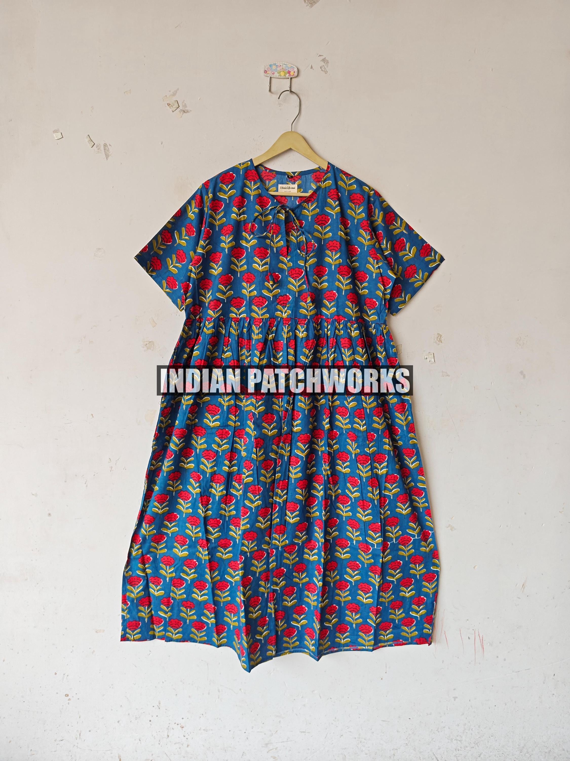 abito stampato a blocchi, tuniche indiane, abito stampato a mano, abito lungo in cotone indiano, abito in cotone indiano, abito stampato, abito stampa