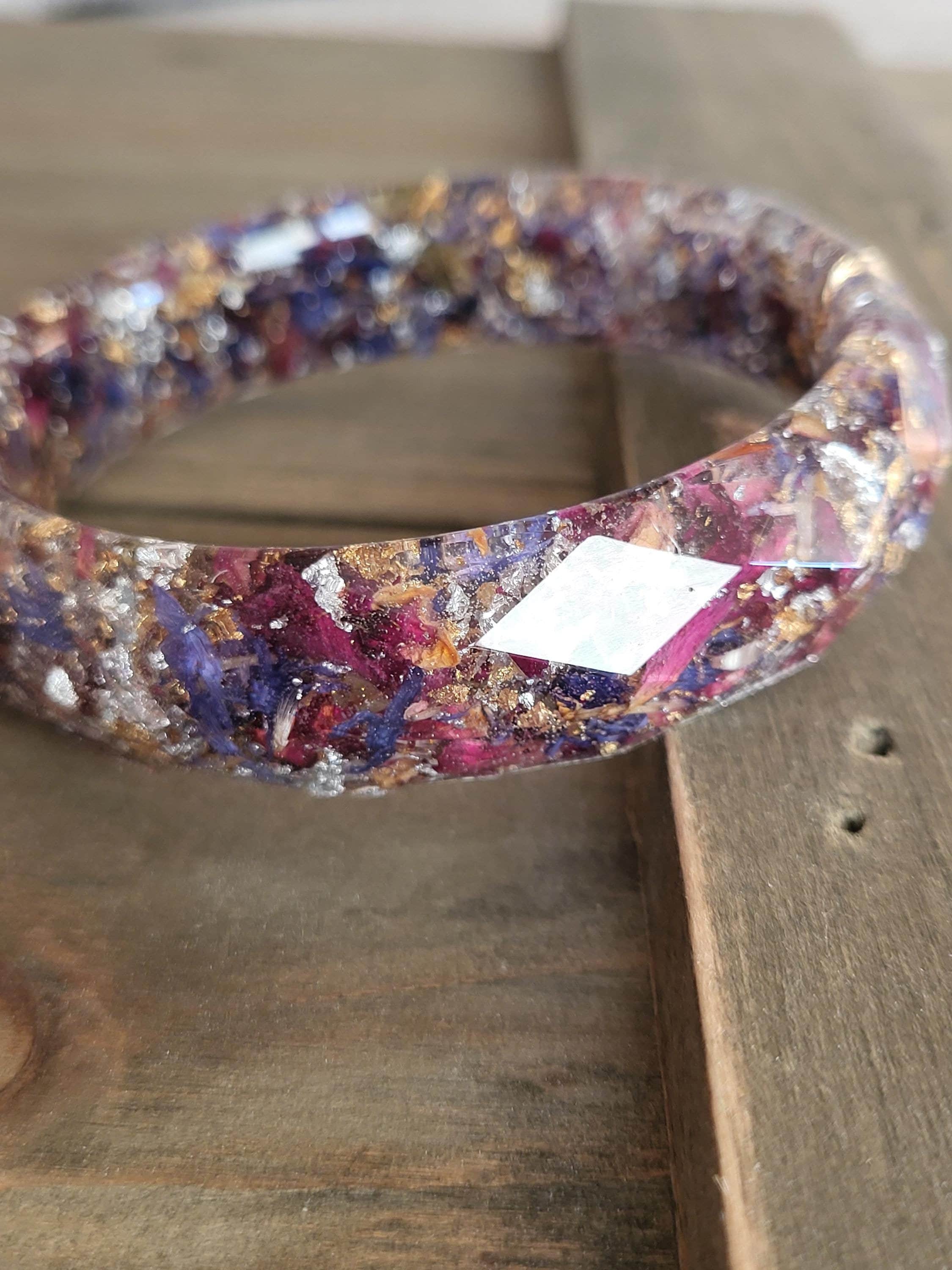 Braccialetto in resina con scaglie d'oro e argento con fiori misti - Gioielli in scaglie d'oro vero - Braccialetto in resina - Braccialetto - Braccial