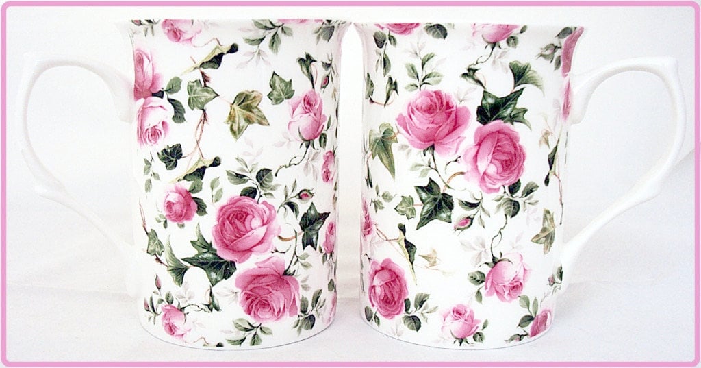 Set di 2 tazze rosa Ivy Rose Windsor Roses Chintz Fine Bone China da 10,5 oz (300 ml) decorate a mano nel Regno Unito