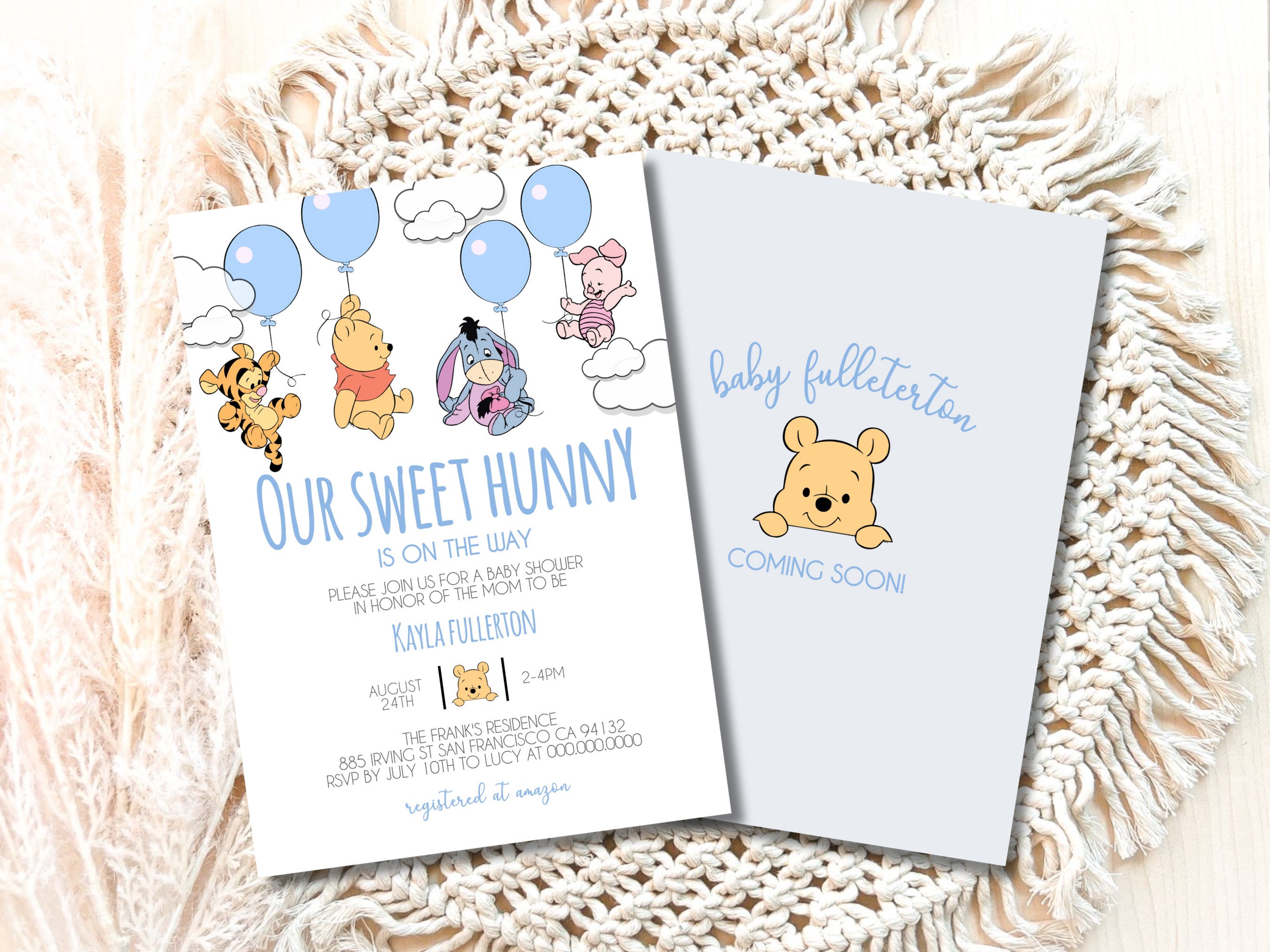 Invito per baby shower a tema Winnie the Pooh, invito per baby shower a tema Winnie the Pooh, decorazioni per baby shower a tema Little Hunny Pooh, ne