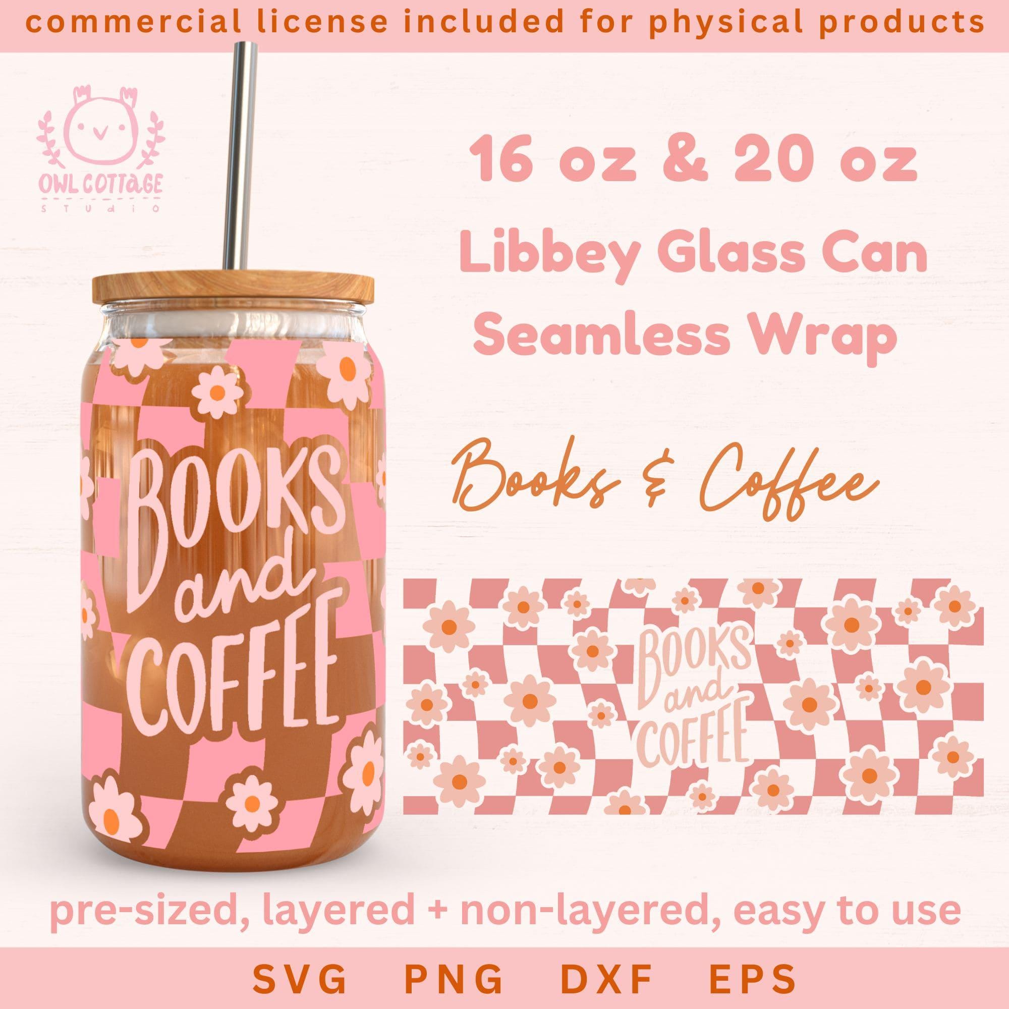 Libri e caffè motivo a scacchi avvolgere per Libbey 16 oz, 20 oz, Book Lover birra può avvolgere SVG, bicchiere di lettura, Bookish Glass Can Wrap