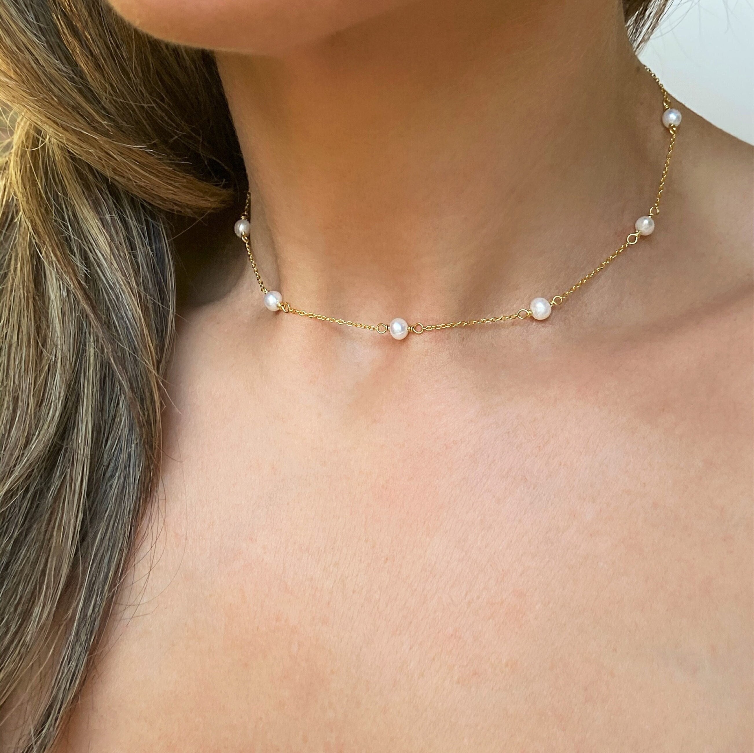 Collana di perle, collana di perle d'acqua dolce, collana di perle naturali, collana di perle d'argento, delicato girocollo di perle, collana di perle