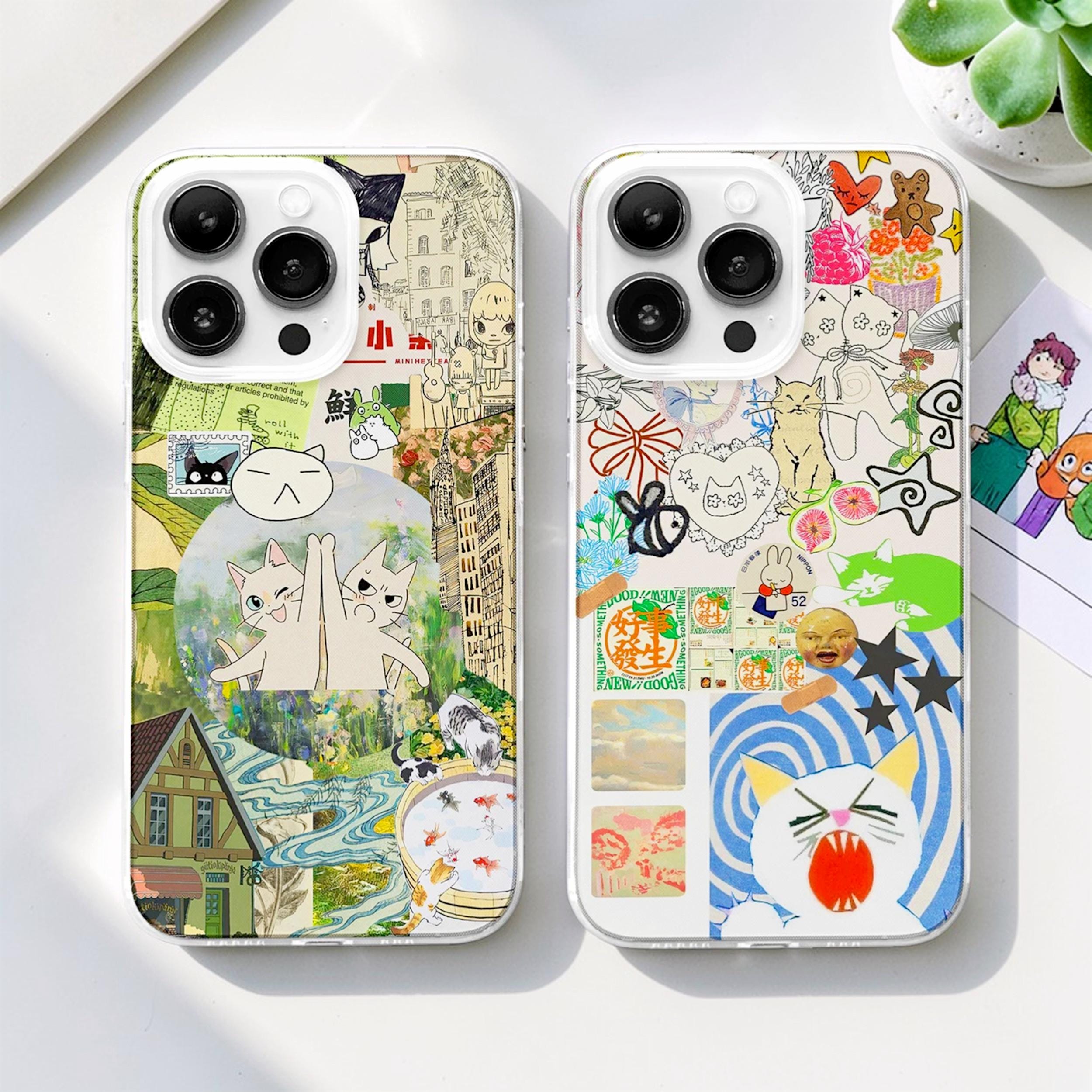 Custodia per telefono MagSafe con collage di gatti in stile manga giapponese: cover per iPhone 17 16e con tema anime kawaii.