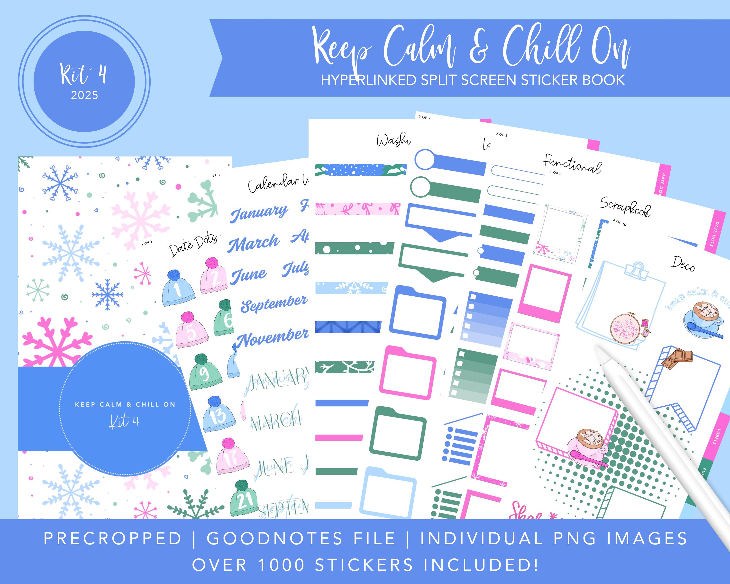 Kit 2025 4 Split Screen Sticker Book / Keep Calm & Chill On / Adesivi invernali / Oltre 1000 adesivi digitali / Pretagliati / Goodnotes