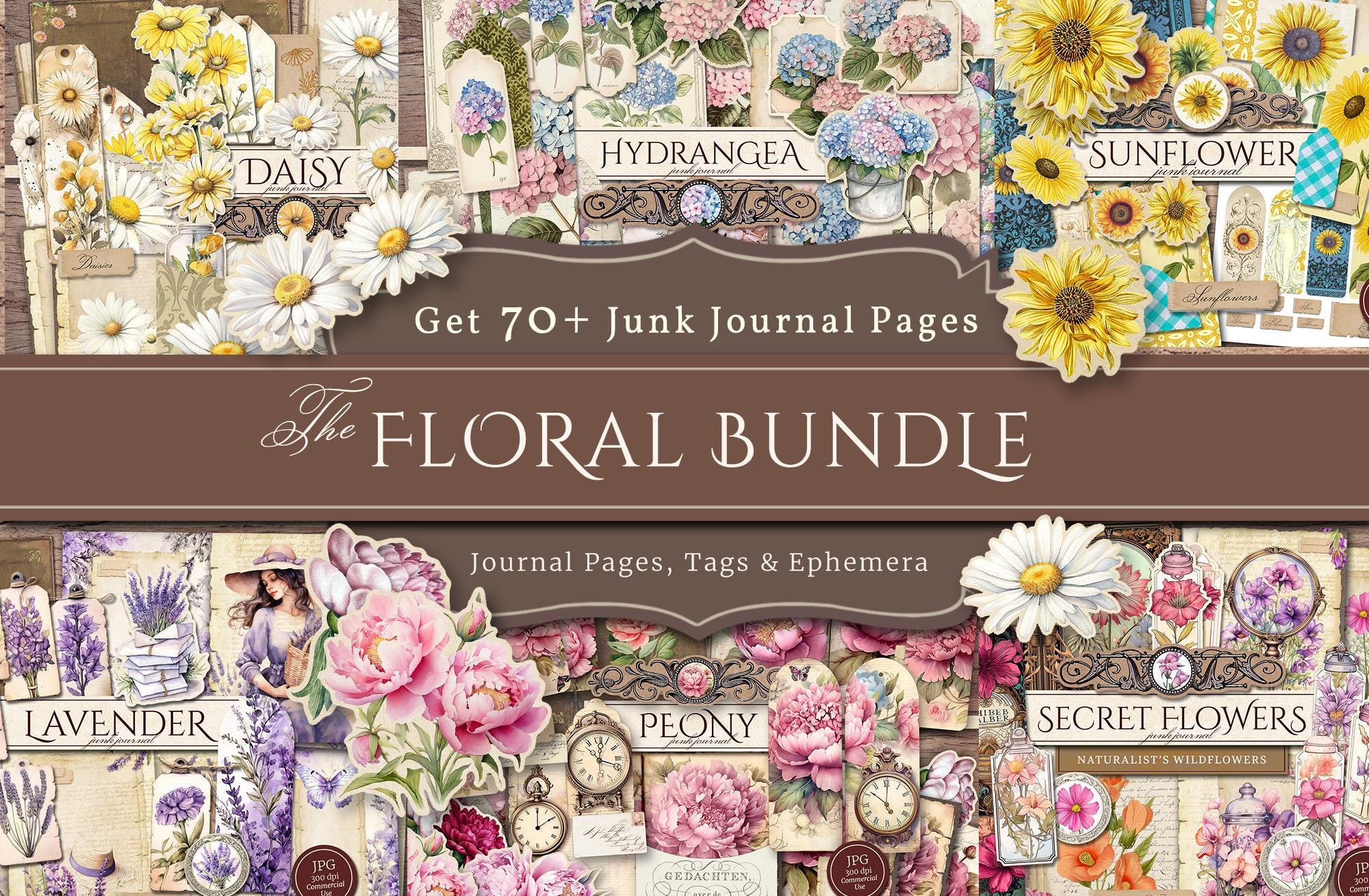 Pacchetto diario floreale (oltre 70 pagine), Mega Set, Pacchetto scontato, Carta digitale floreale, Pagine diario con effimeri, Download digitale