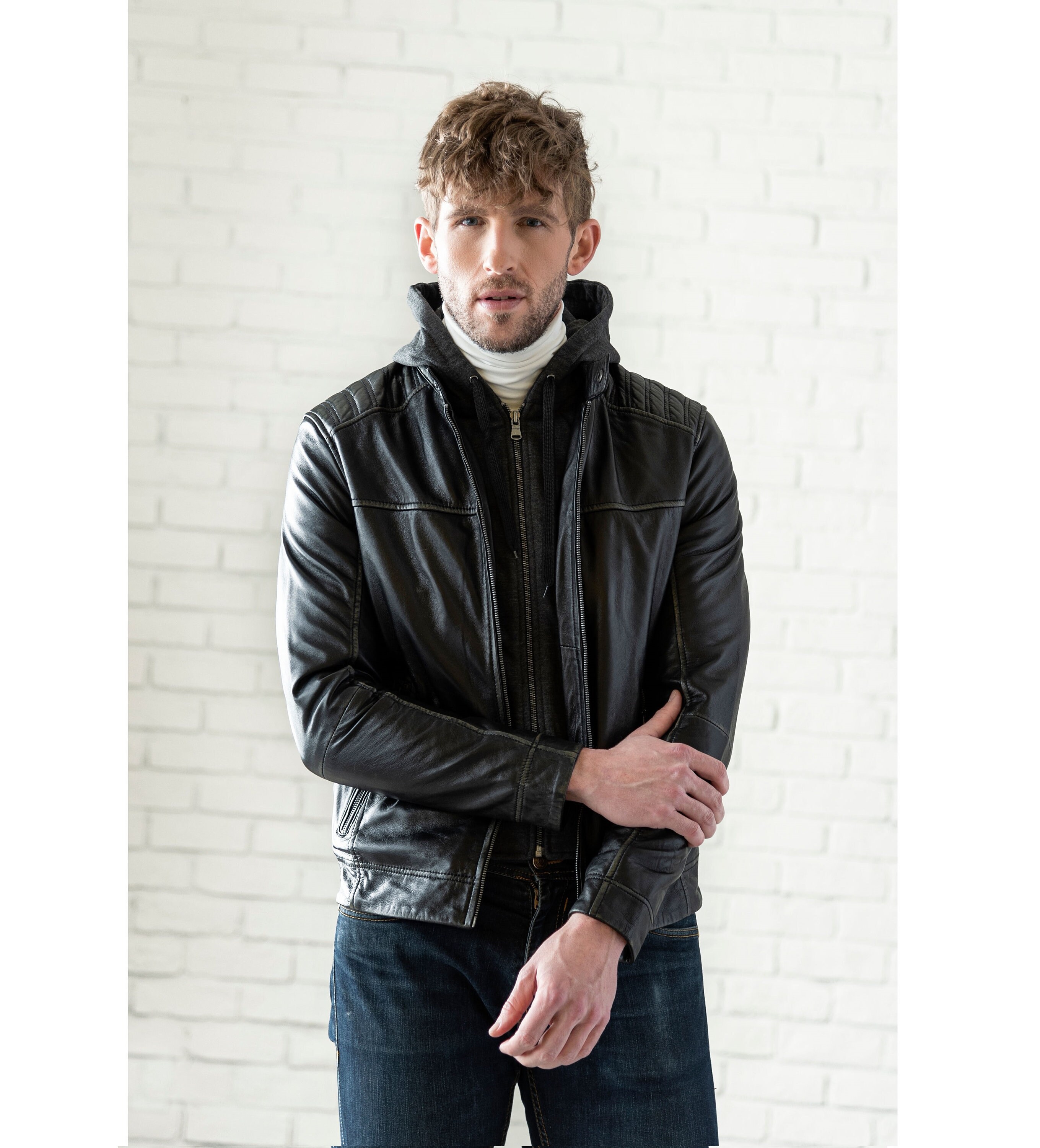 Giacca in pelle da uomo, giacca invernale da uomo con cappuccio removibile, giacca con cappuccio da uomo, bomber in pelle di agnello, regali di Natale