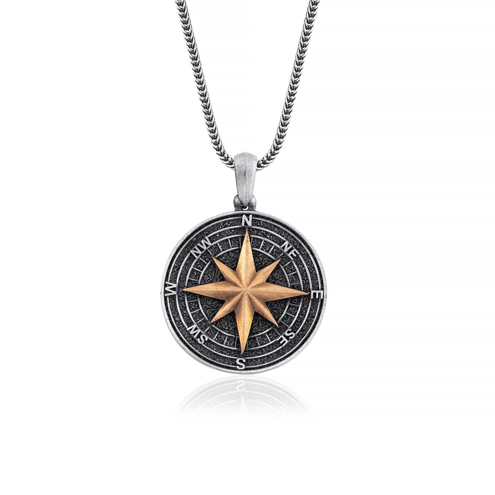 Collana con bussola e stella polare, ciondolo con bussola, bussola, ciondolo in argento e bronzo da uomo, bussola, stella polare, medaglione, collana