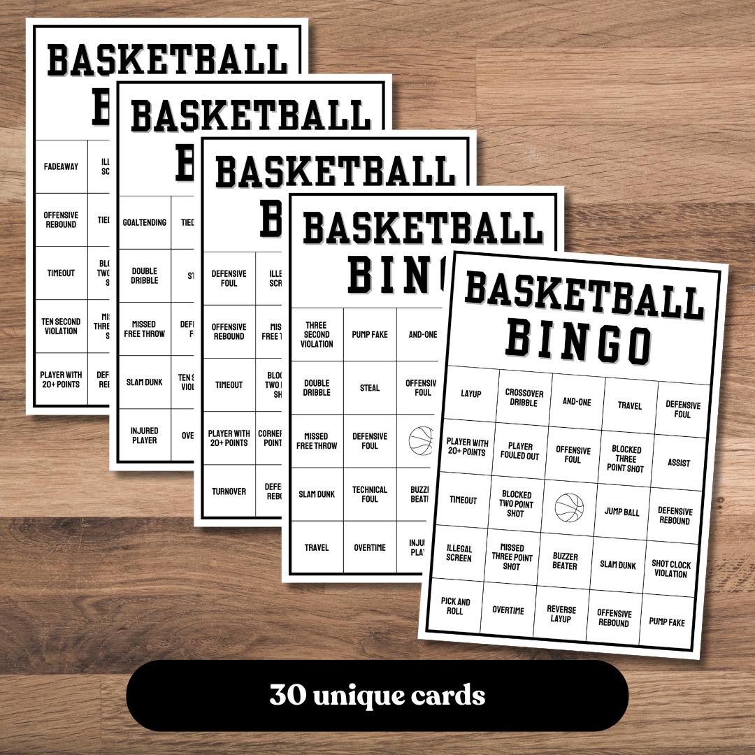 Bingo di basket, 30 cartelle uniche stampabili per il bingo di basket, Bingo di basket stampabile, Giochi di società di basket, Gioco del bingo di bas