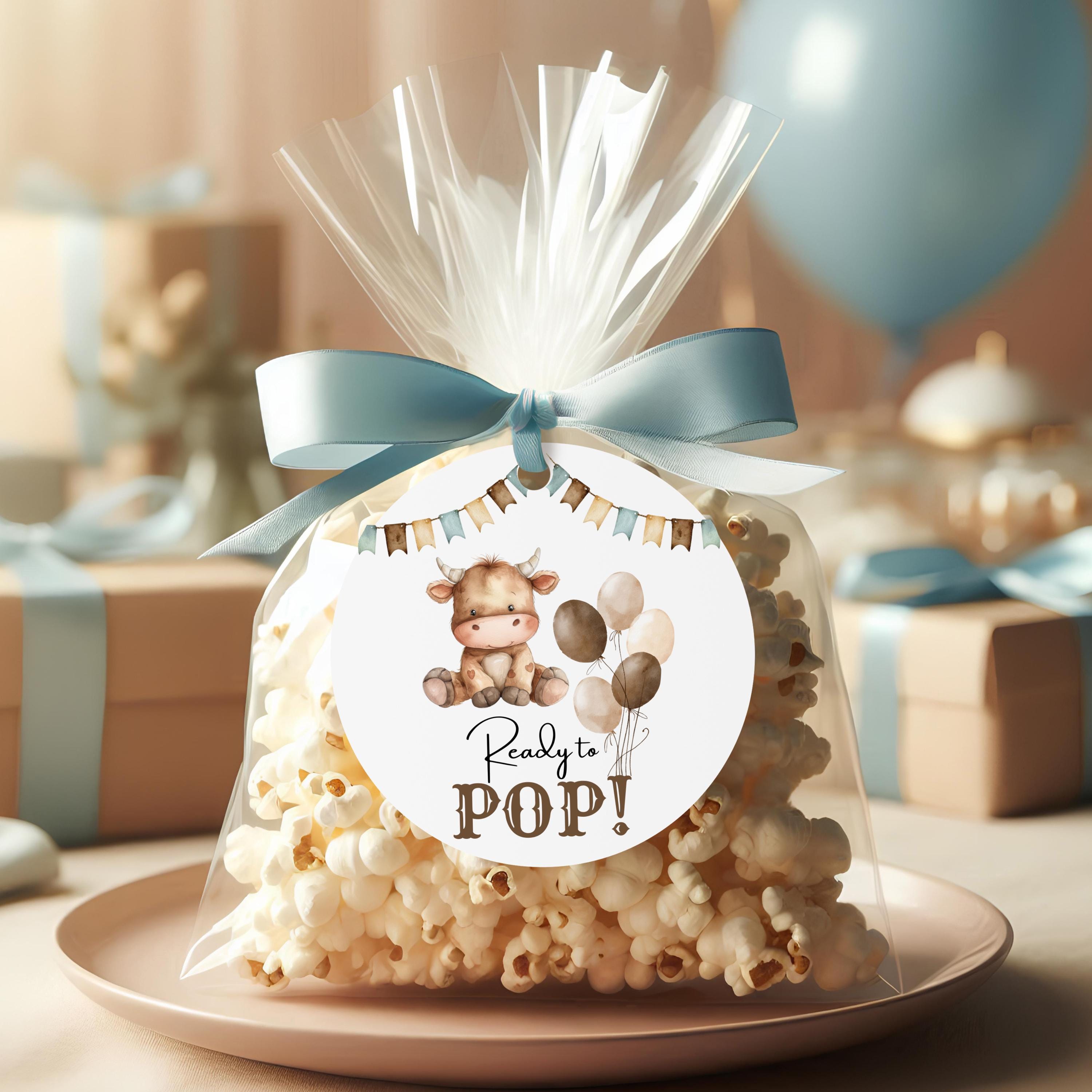 Pronti a scoppiare Bomboniere per Baby Shower Cowboy Rotonde Etichette per Popcorn-Etichette, Tema Baby Shower Western, Etichette da Cowboy Rodeo, cg0