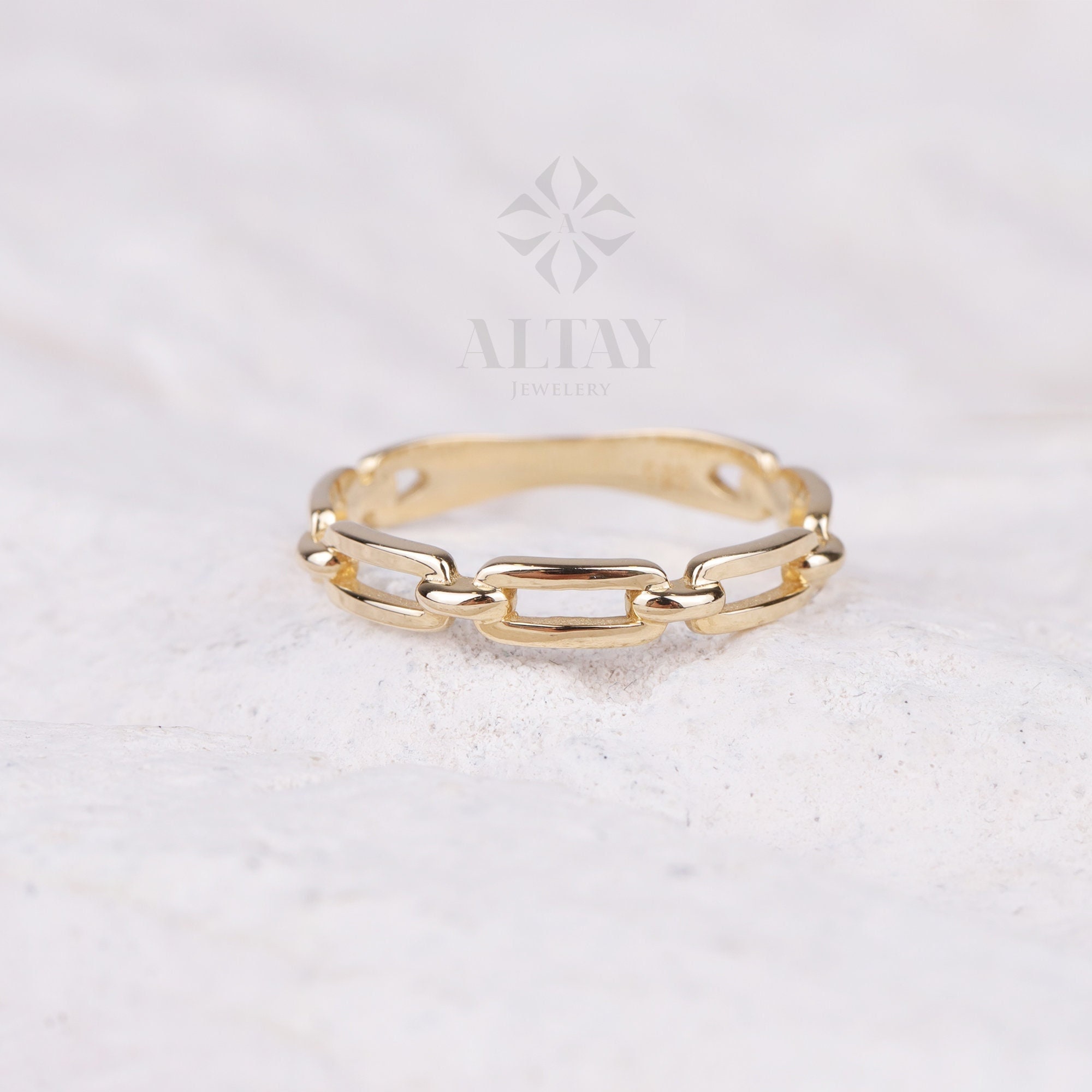 Anello con catena in oro 14 carati, anello con catena a graffetta, anello con catena lunga rettangolare, anello con catena impilabile, anello in oro m