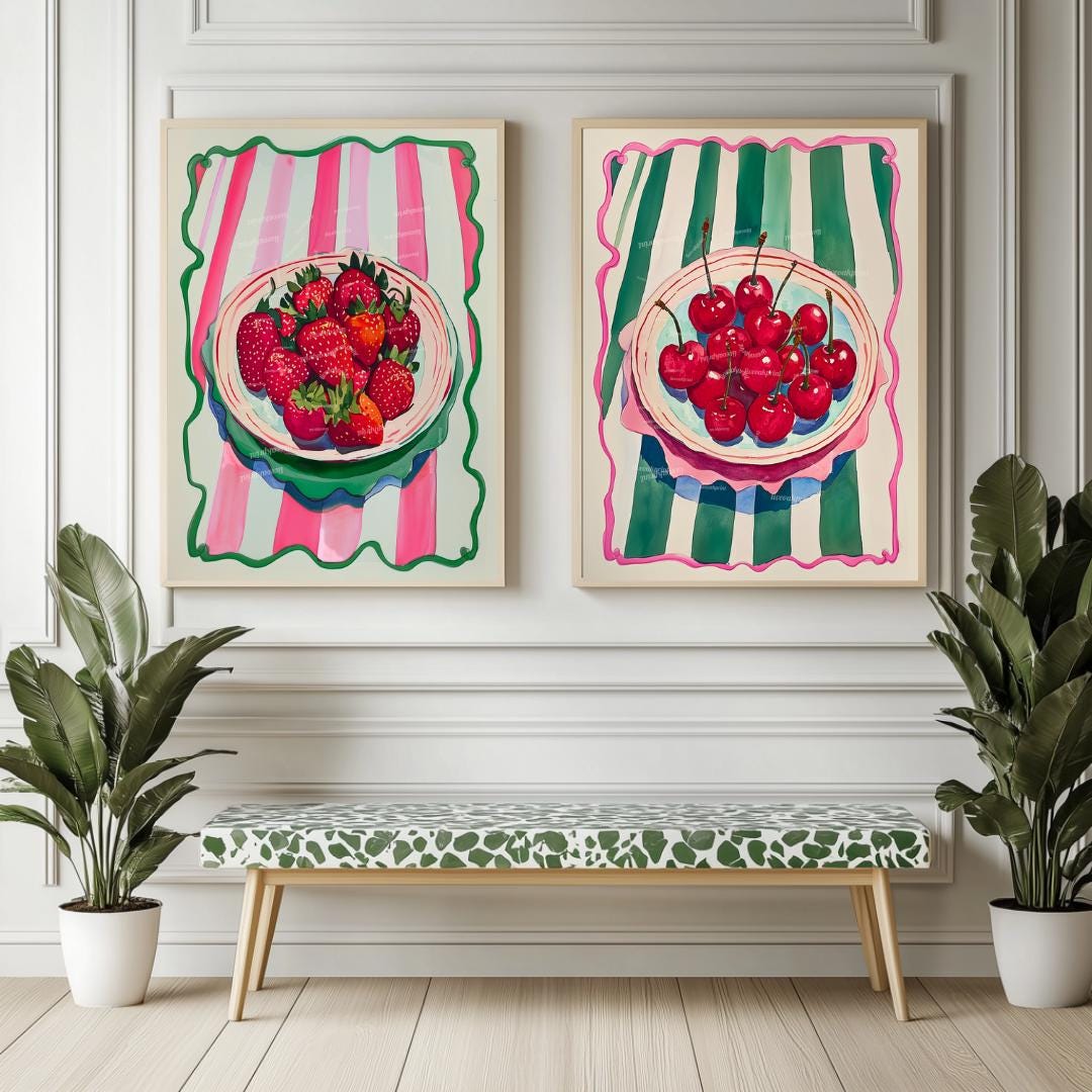 Fruit Wall Art - Set di due stampe artistiche da cucina, decorazioni da cucina rosa e verde, massimalismo, stampe artistiche da parete con frutta su t