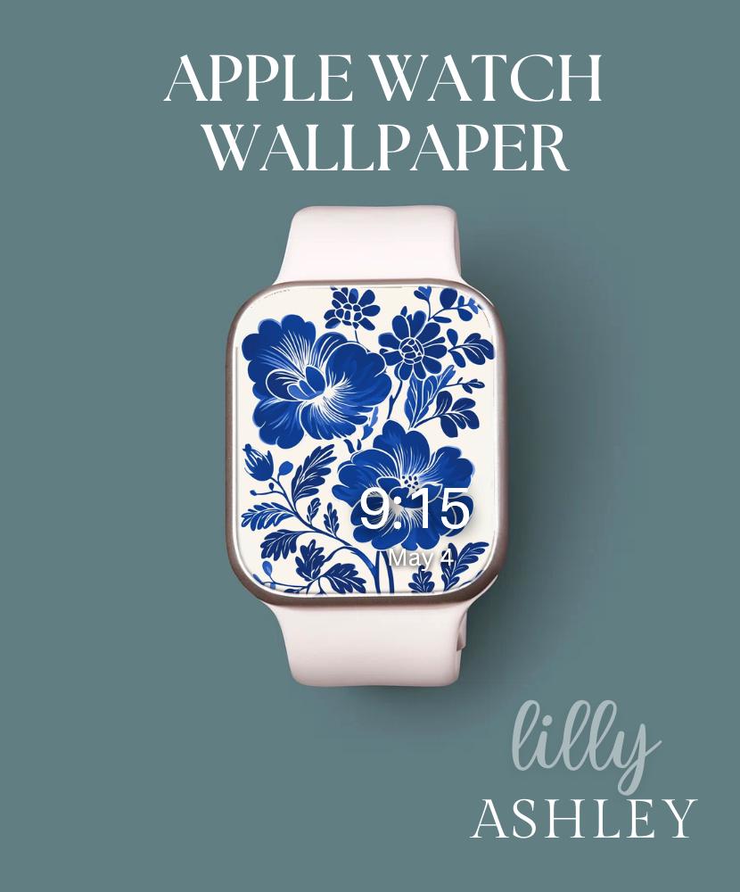 Quadrante Apple Watch floreale blu e bianco, sfondo orologio Coquette, sfondo Apple Watch da donna, download quadrante Apple Watch Chinoiserie