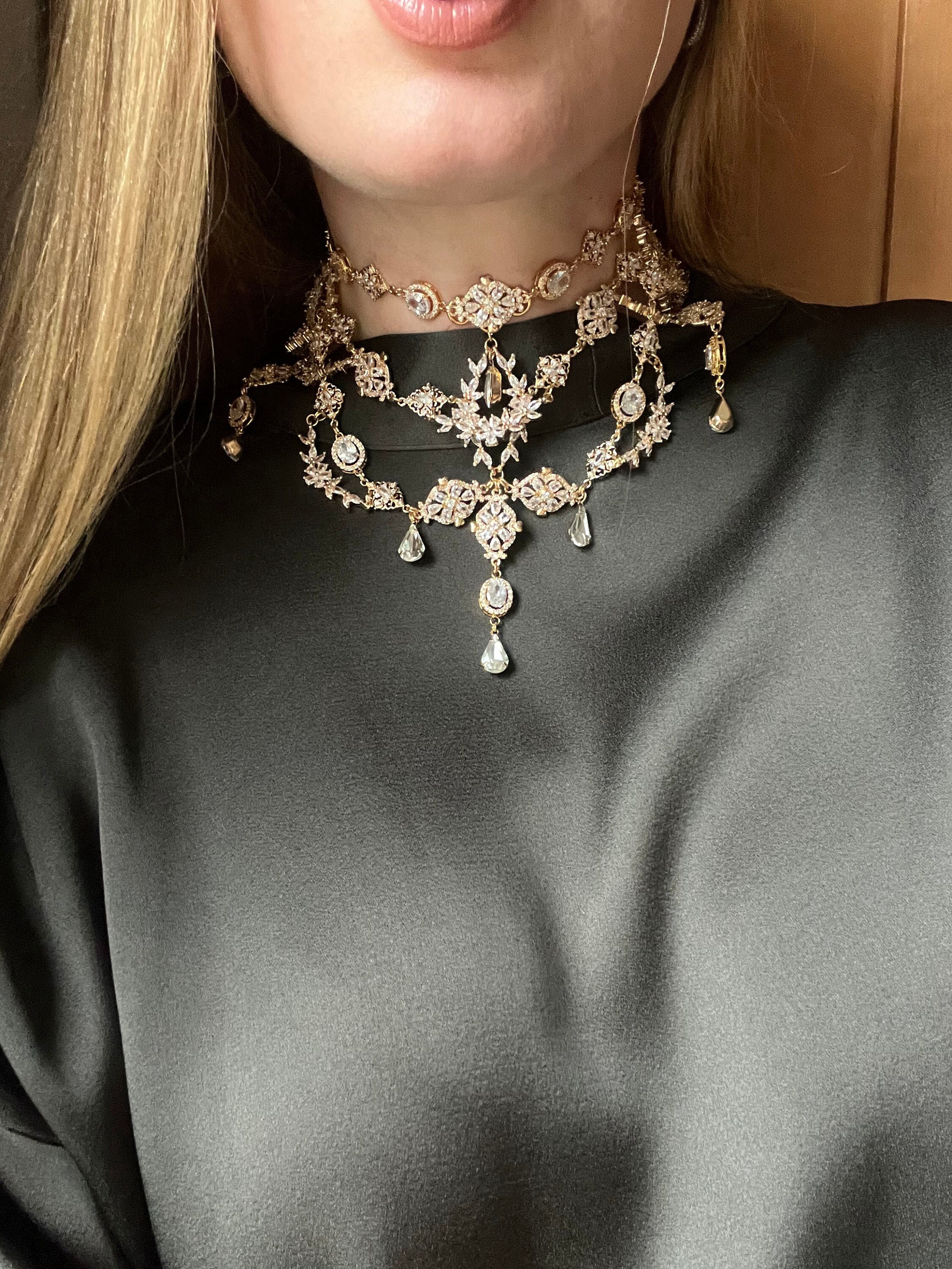 Collana d'oro~Set da sposa~Orecchino da sposa~Collana girocollo da sposa~Collana di cristalli da sposa~Collana girocollo