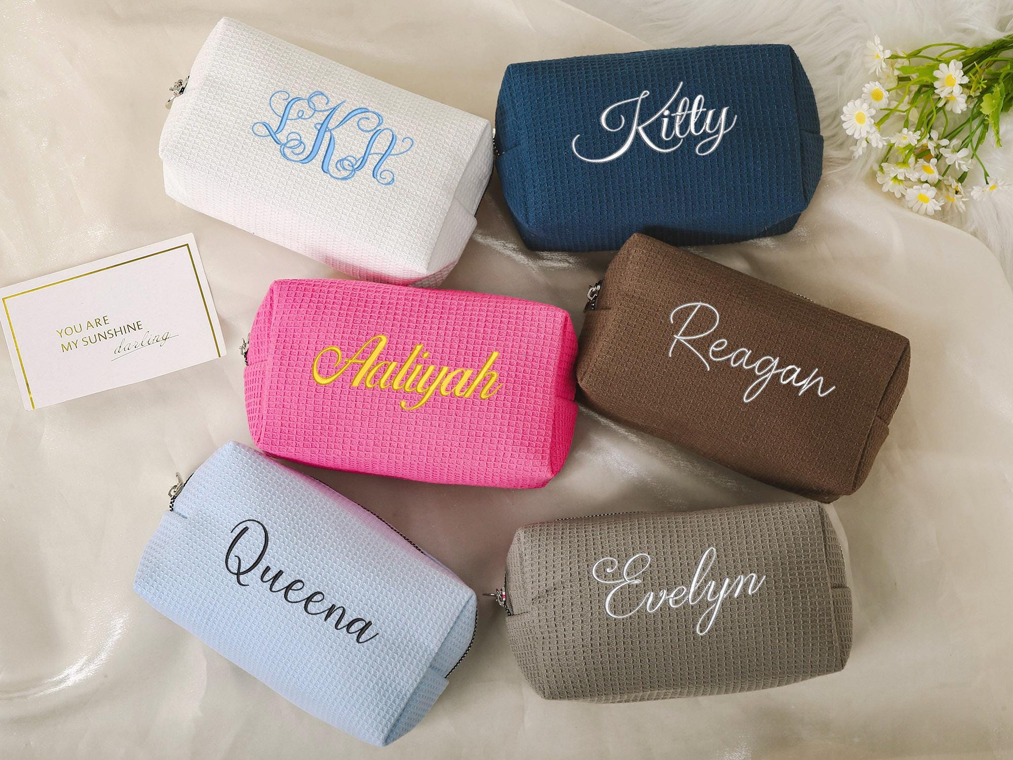 Borsa cosmetica personalizzata, borsa per il trucco con monogramma personalizzato, borsa per il trucco a nido d'ape, borsa per il trucco da viaggio, r