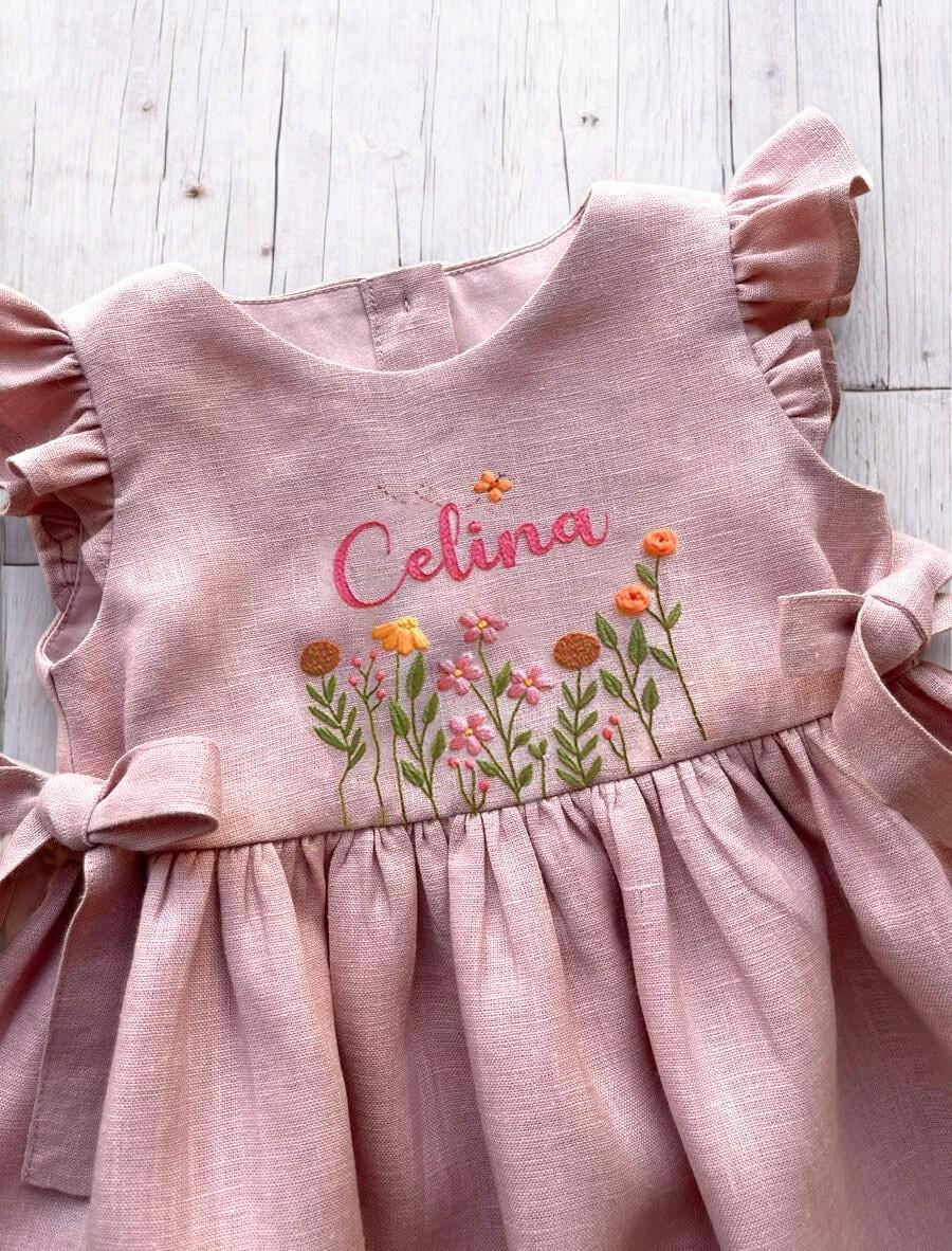 Abito in lino personalizzato con fiori ricamati a mano, abito in lino morbido personalizzato, abito in lino per bambini, abito da compleanno per bambi