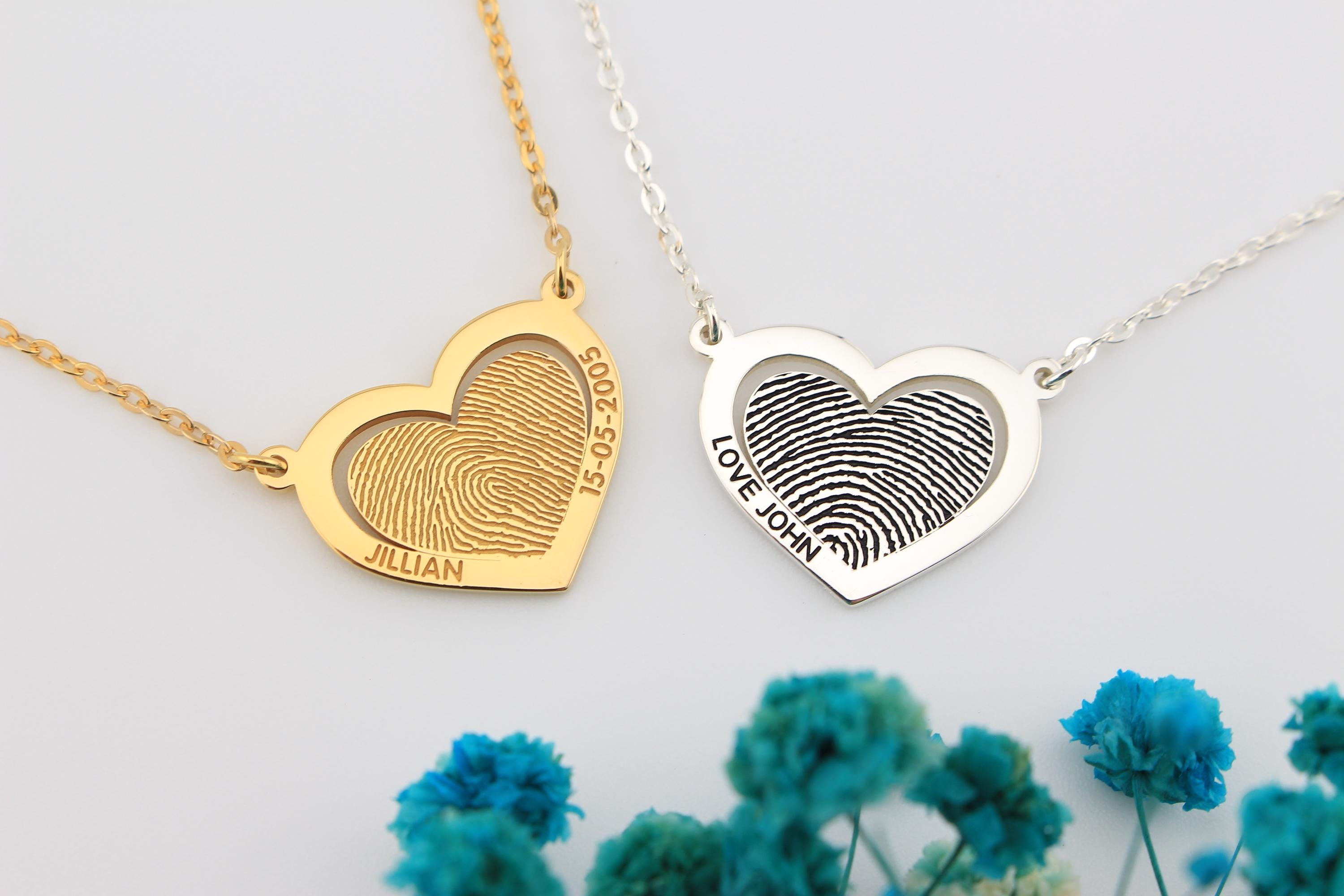 Collana con cuore e impronta digitale incisa - Collana con impronta digitale reale - Collana con scrittura a mano personalizzata - Regali per la festa