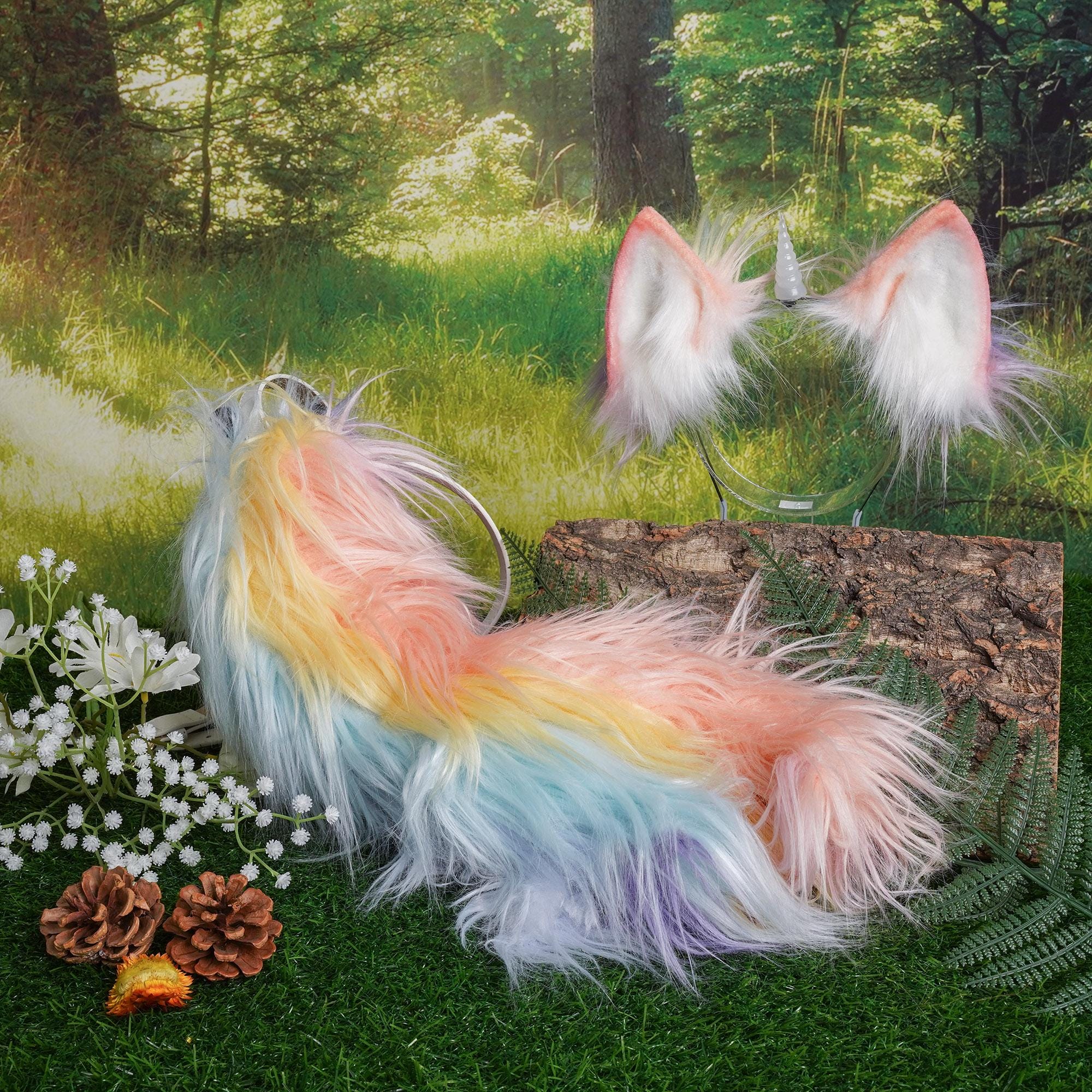 Set di pelliccia sintetica con unicorno incantato: orecchie pastello sfumate con corno a spirale iridescente, accessori per cosplay a tema bosco, cost
