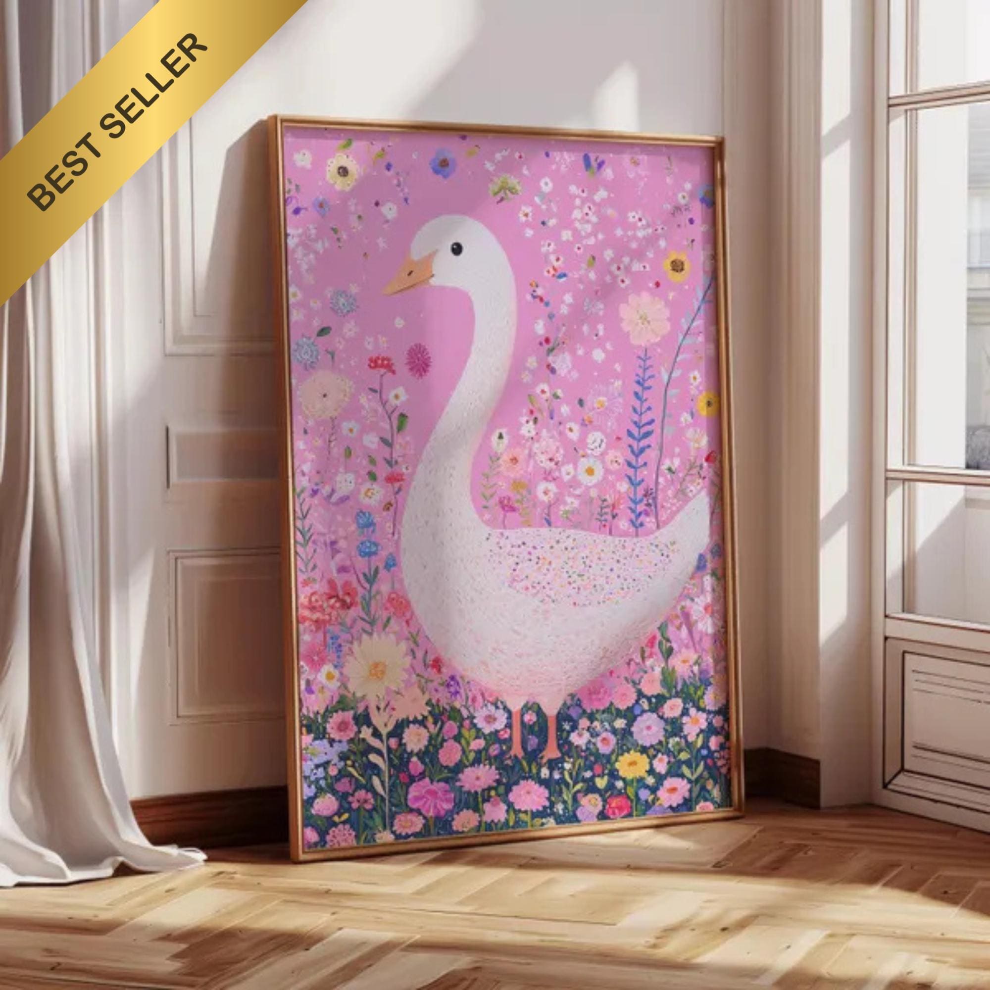 Decorazione murale per cameretta con oche, arredamento per cameretta da bambina, stampa floreale rosa, decorazione murale con simpatici animali, downl