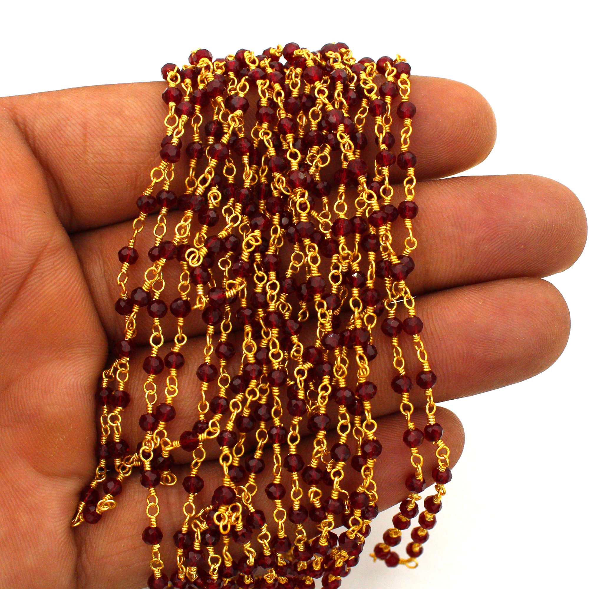 Garnet Hydro Beaded Rosary Chain, Faceted Rondelle Beads, Gold Plated Wire Wrapped Chain, 3 MM Beads, Handicraft Supplies Chain, Bulk Chain
