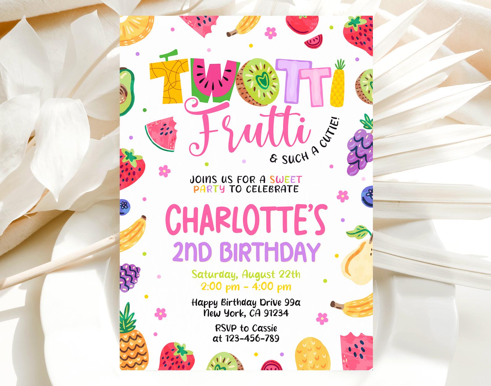 Invito Twotti Frutti, Invito di compleanno Twotti Frutti, Invito per il secondo compleanno, Secondo compleanno a tema frutta, Modello modificabile Can
