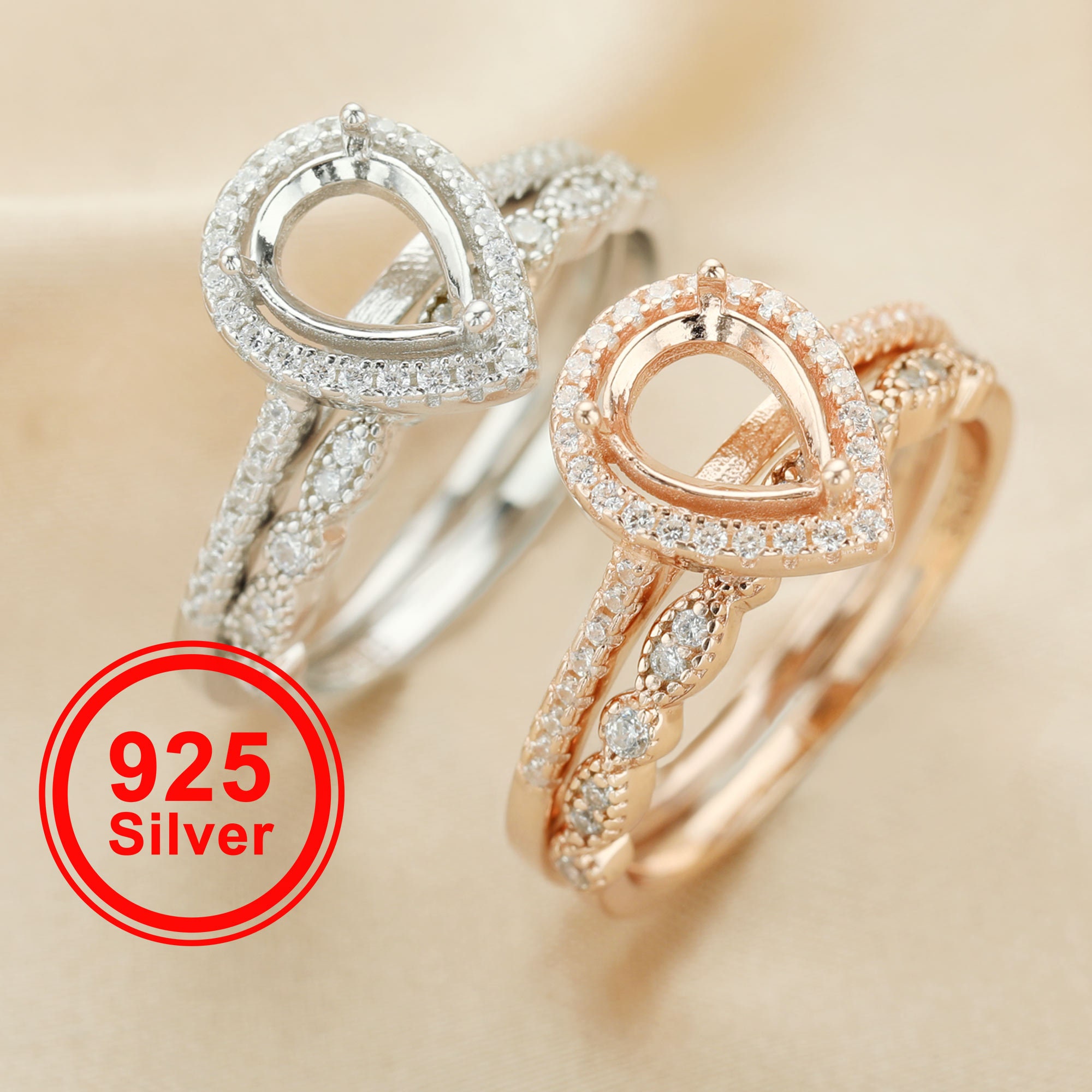 Anello impilabile con montatura a pera e alone di diamanti da 6 x 8 mm, in argento sterling 925 massiccio, placcato oro rosa, stile Art Déco, codice 1
