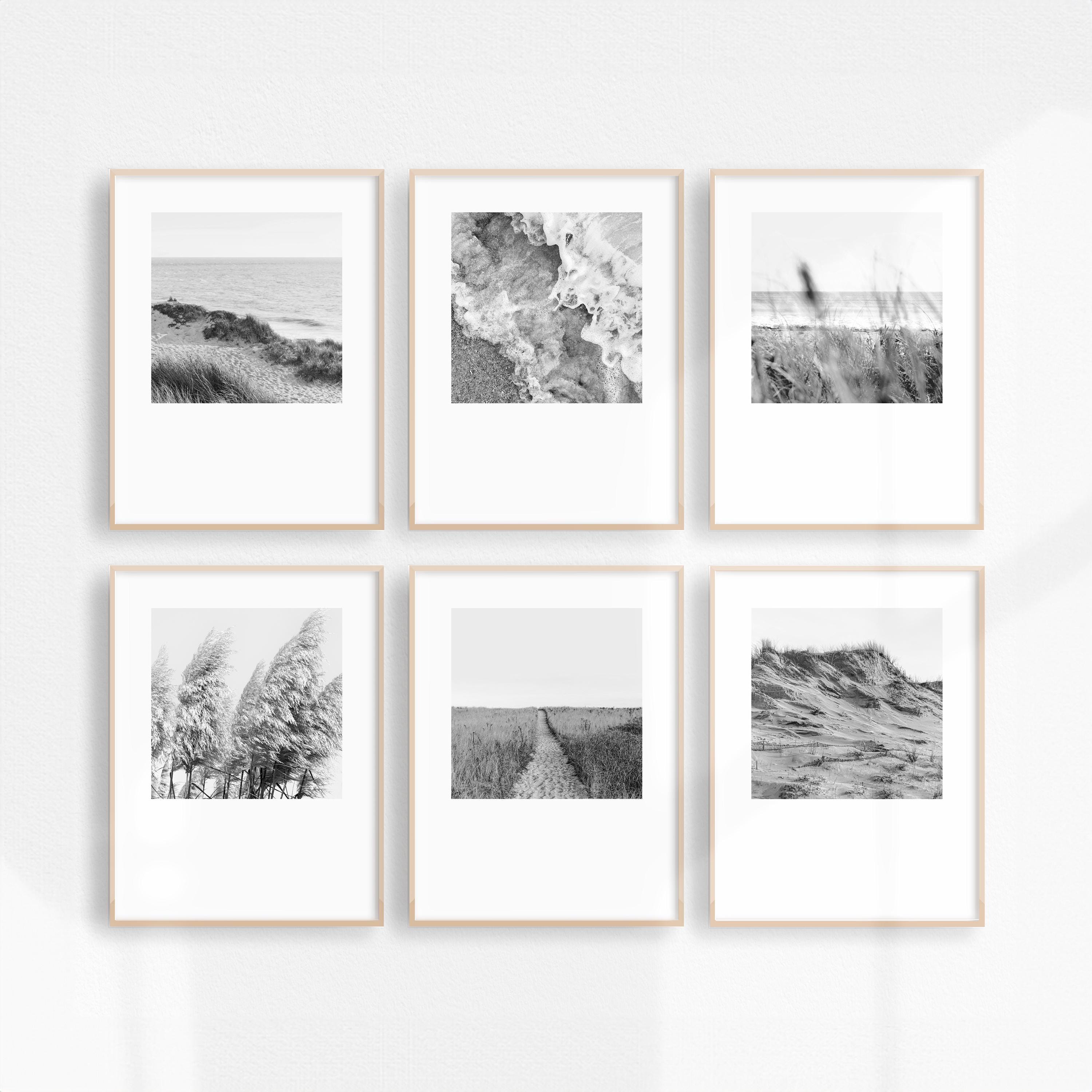 Set di 6 stampe in bianco e nero per galleria a parete, stampe sulla spiaggia per galleria a parete, stampe quadrate in bianco e nero sulla natura, st
