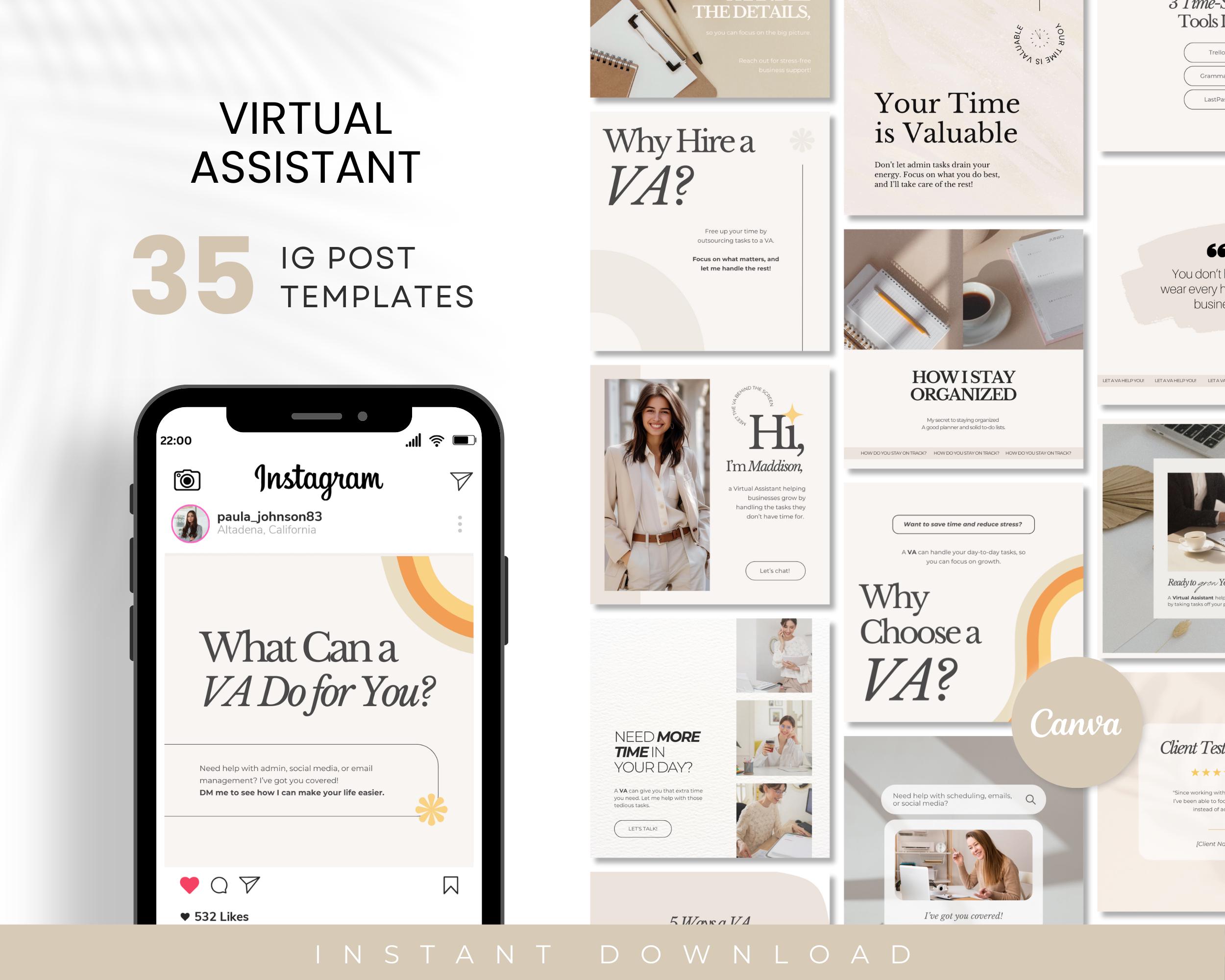 35 modelli Instagram per assistenti virtuali, post modificabili sui social media di Canva, kit per social media per assistenti virtuali, contenuti Ins