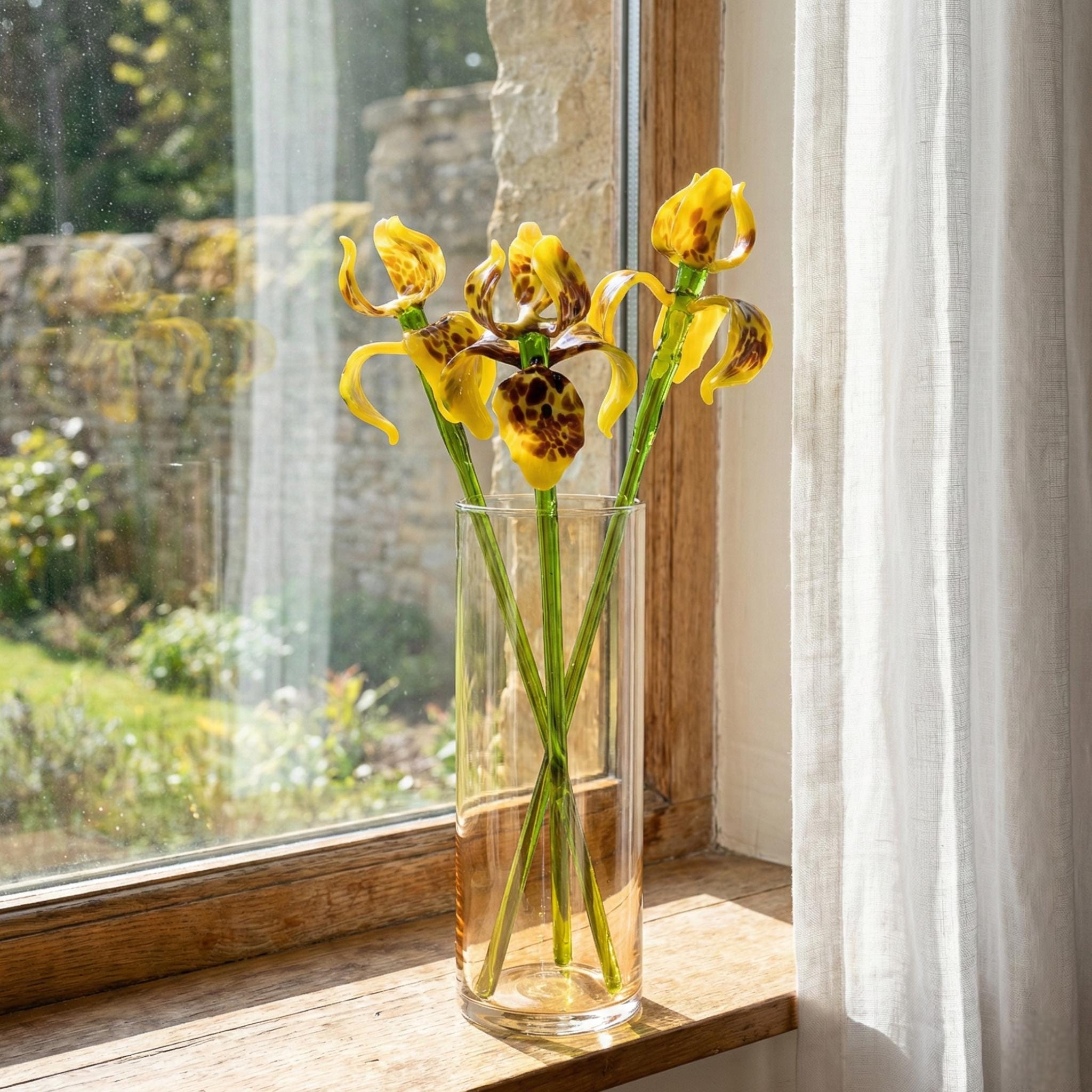 Fiore di iris in vetro - Bouquet di fiori in vetro giallo - Fiori in vetro soffiato - Fiori in vetro fatti a mano - Regalo di compleanno per lei
