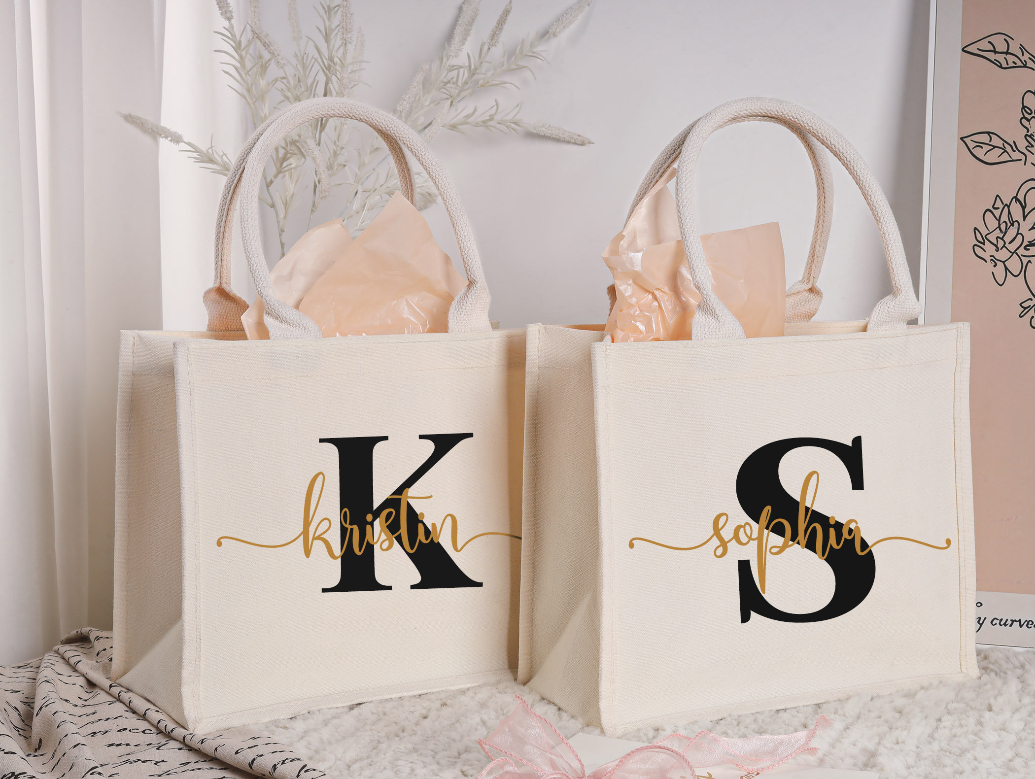 Borse tote personalizzate per damigelle d'onore, grandi borse tote regalo bianche per damigelle d'onore, borsa tote per sposa, borsa tote per damigell