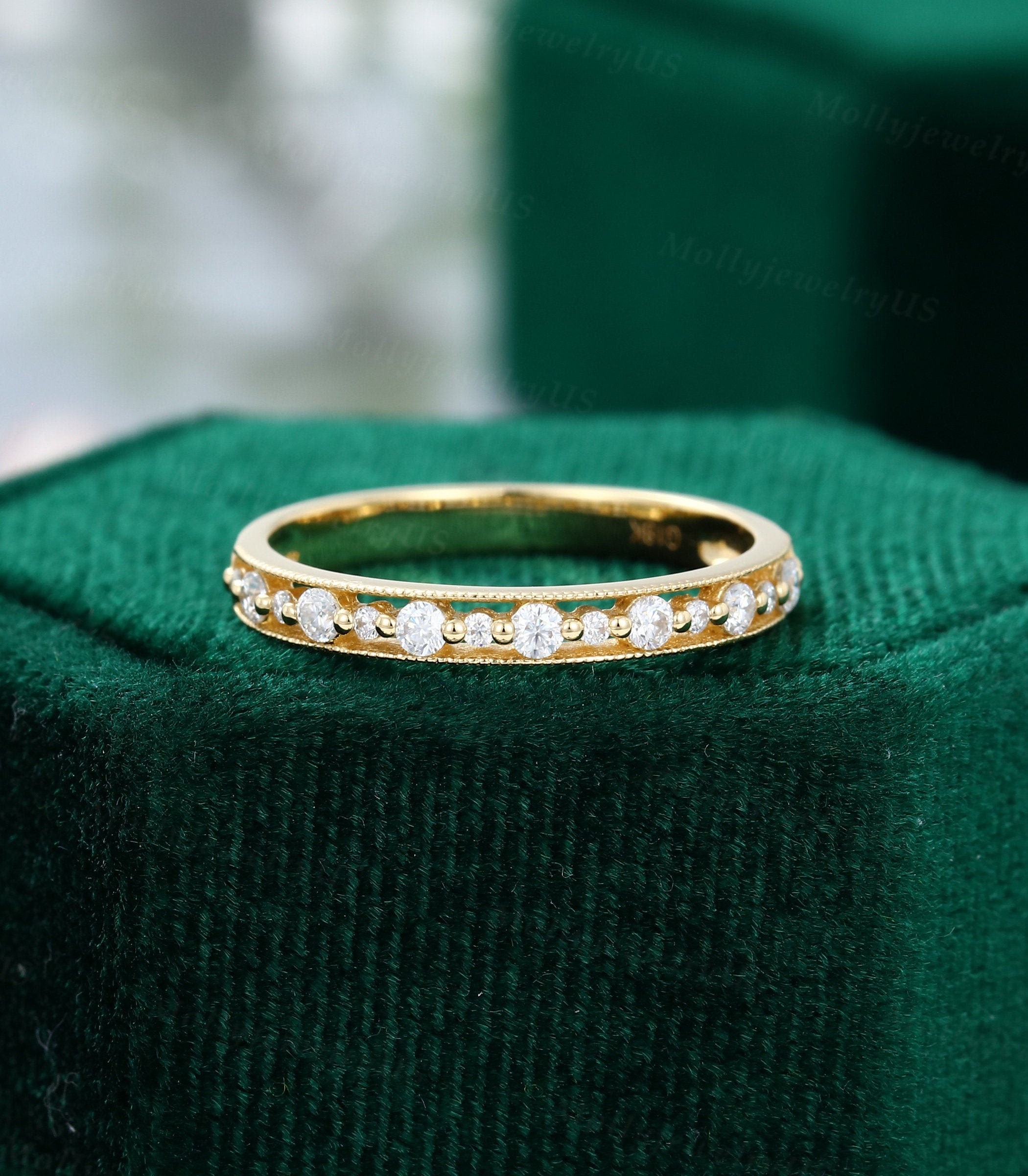 Fede nuziale vintage in oro giallo, fede nuziale unica da donna, anello con moissanite/diamante, mezza eternità, Milgrain, impilabile, fede nuziale ab