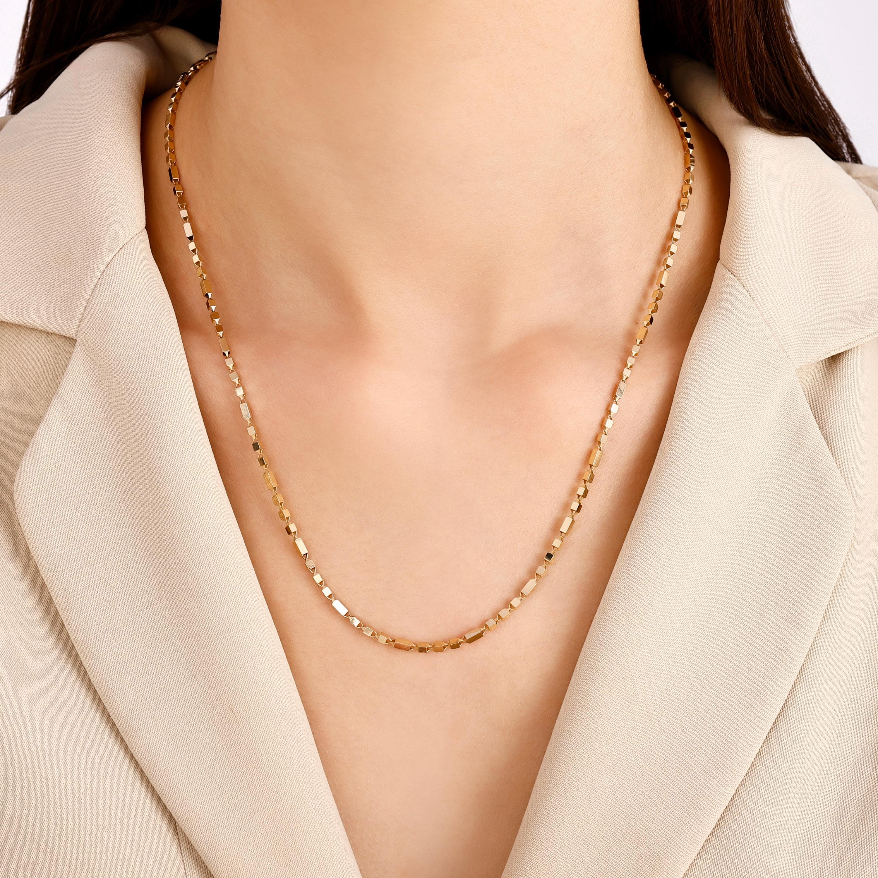 Catena a maglie con taglio a diamante in oro 14 carati, collana con catena geometrica in oro giallo 14 carati, catena con perline sfaccettate in oro,