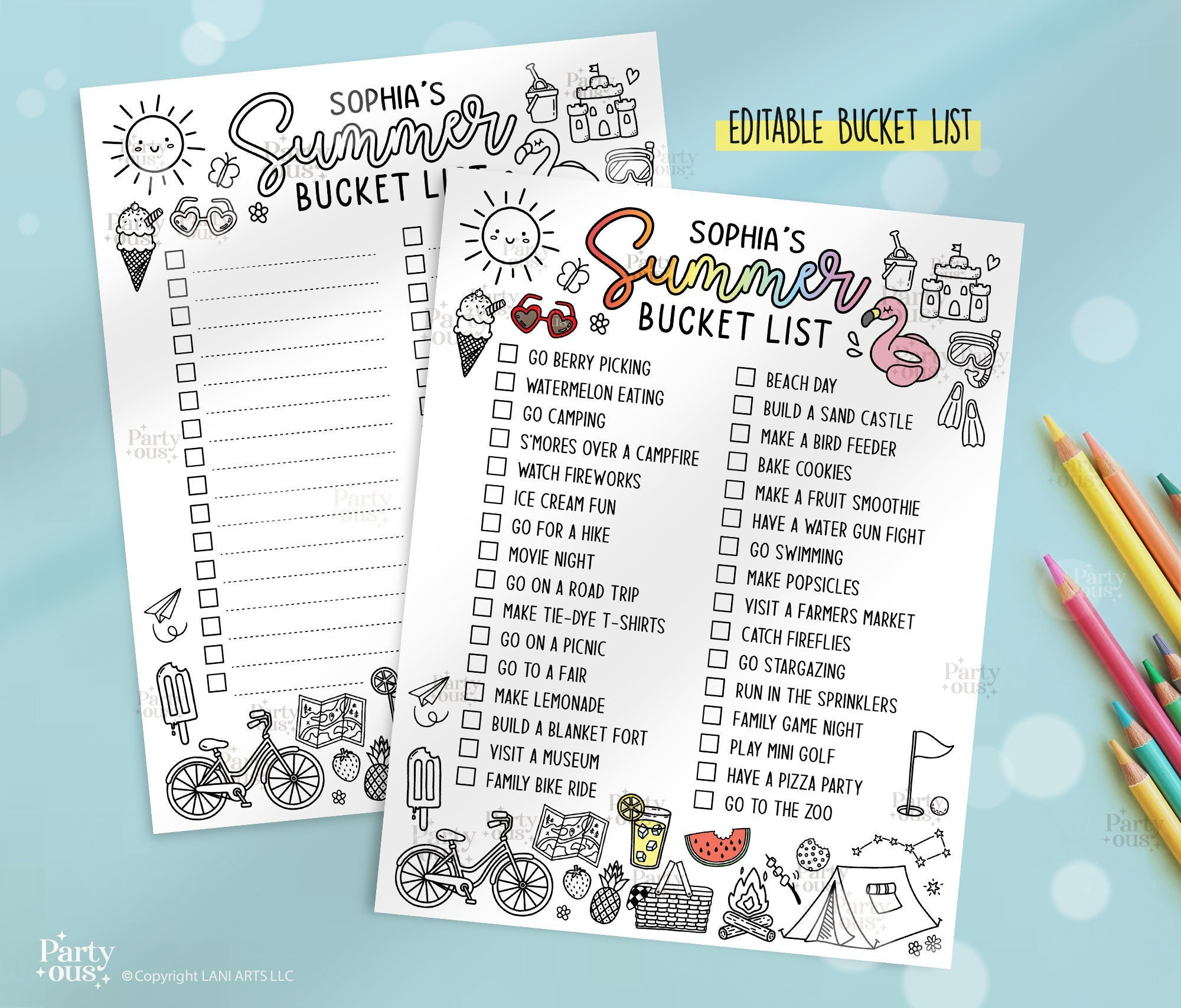 Elenco delle cose da fare per l'estate modificabile, elenco di cose da fare per la famiglia, modello stampabile personalizzato, pagine da colorare per