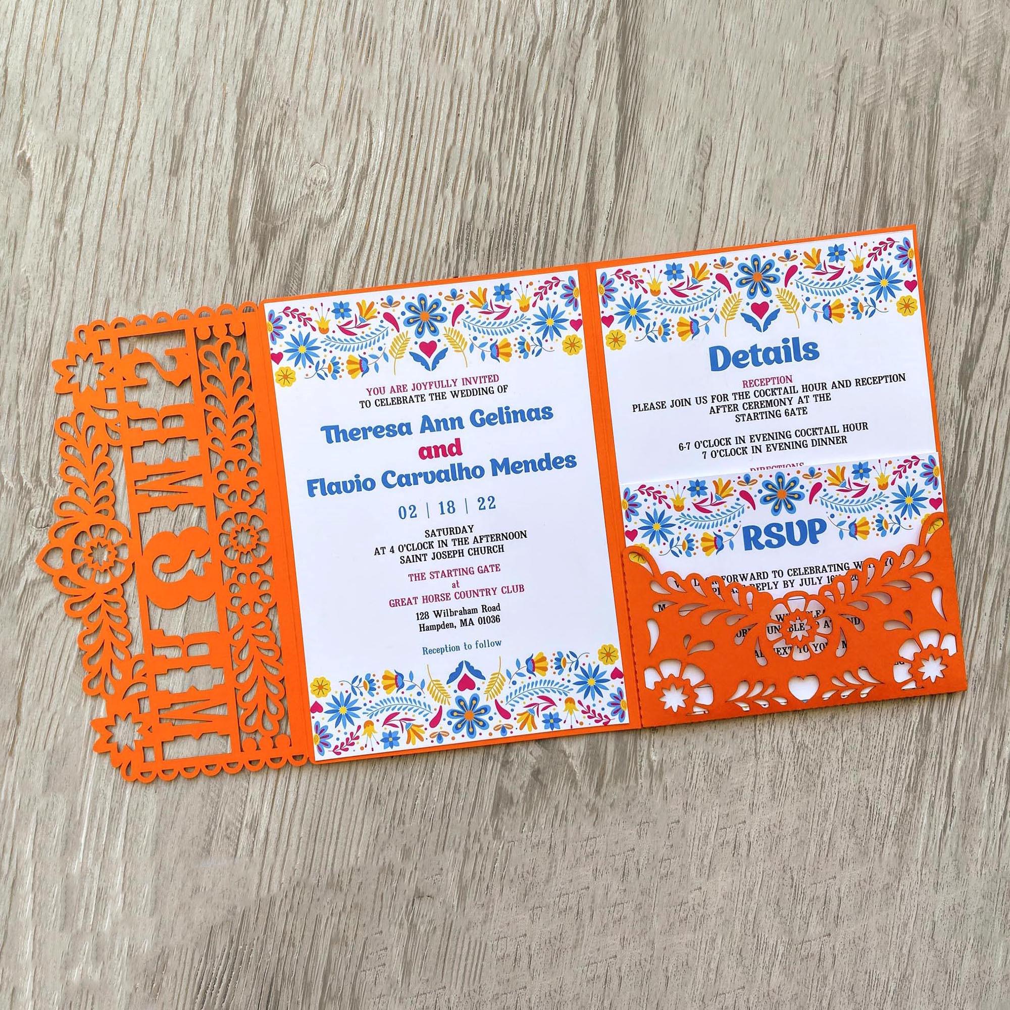 Modello di invito messicano 5x7 a tre ante in formato svg e set di segnaposto, invito di nozze fiesta Cricut, carta monogramma papel picado tagliata a