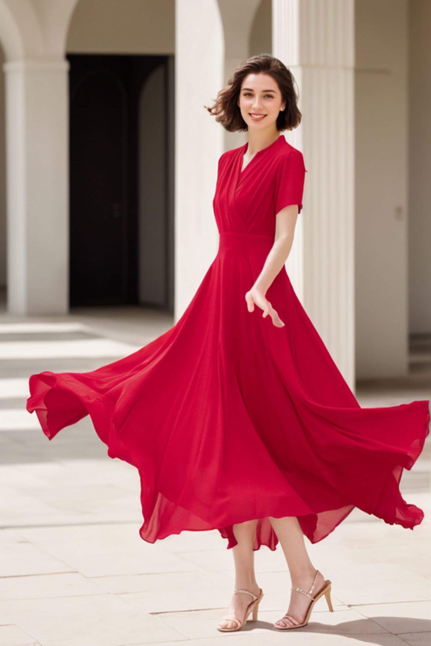 Abito midi in chiffon, abito estivo in chiffon, abito in chiffon con scollo a V, abito da festa rosso, abito lungo in chiffon con maniche corte, Xiaol